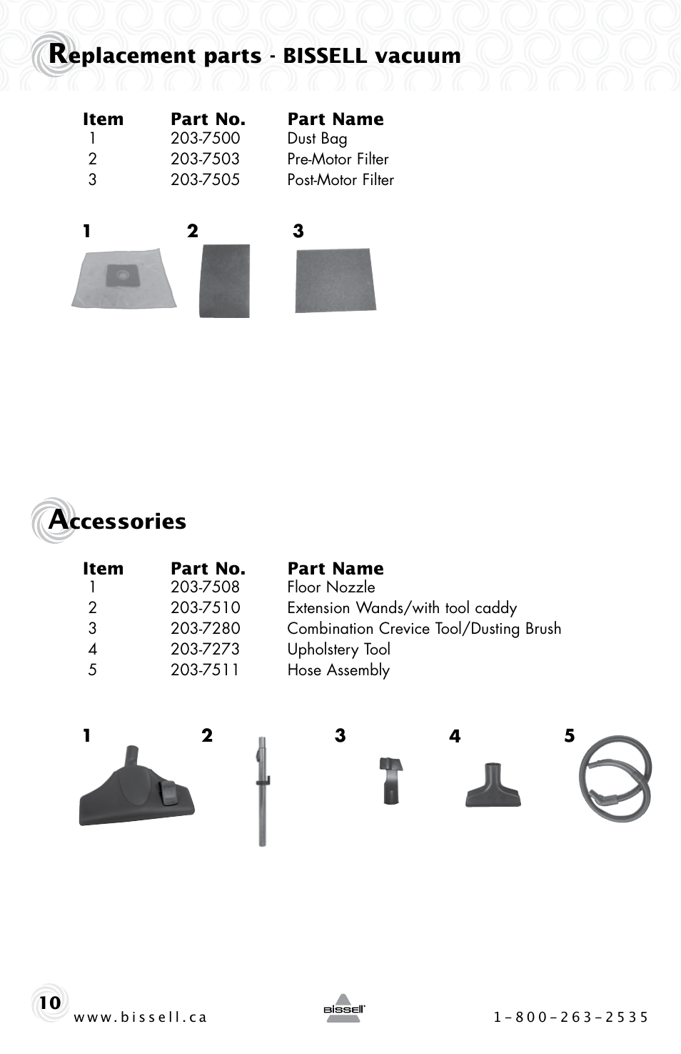 Eplacement parts - bissell vacuum, Ccessories | Bissell ZING 22Q3 User Manual | Page 10 / 12