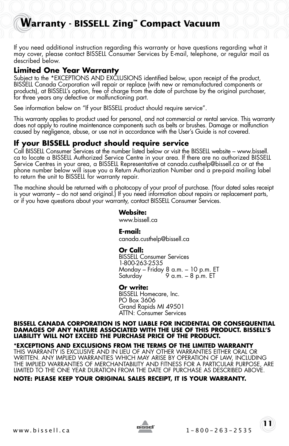 Arranty - bissell zing, Compact vacuum | Bissell ZING 22Q3 User Manual | Page 11 / 12
