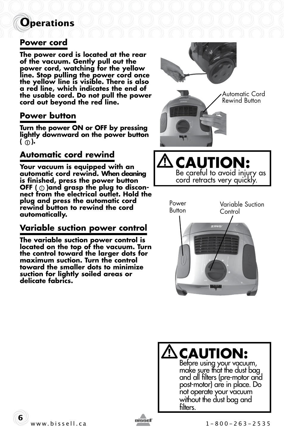 Caution, Perations | Bissell ZING 22Q3 User Manual | Page 6 / 12