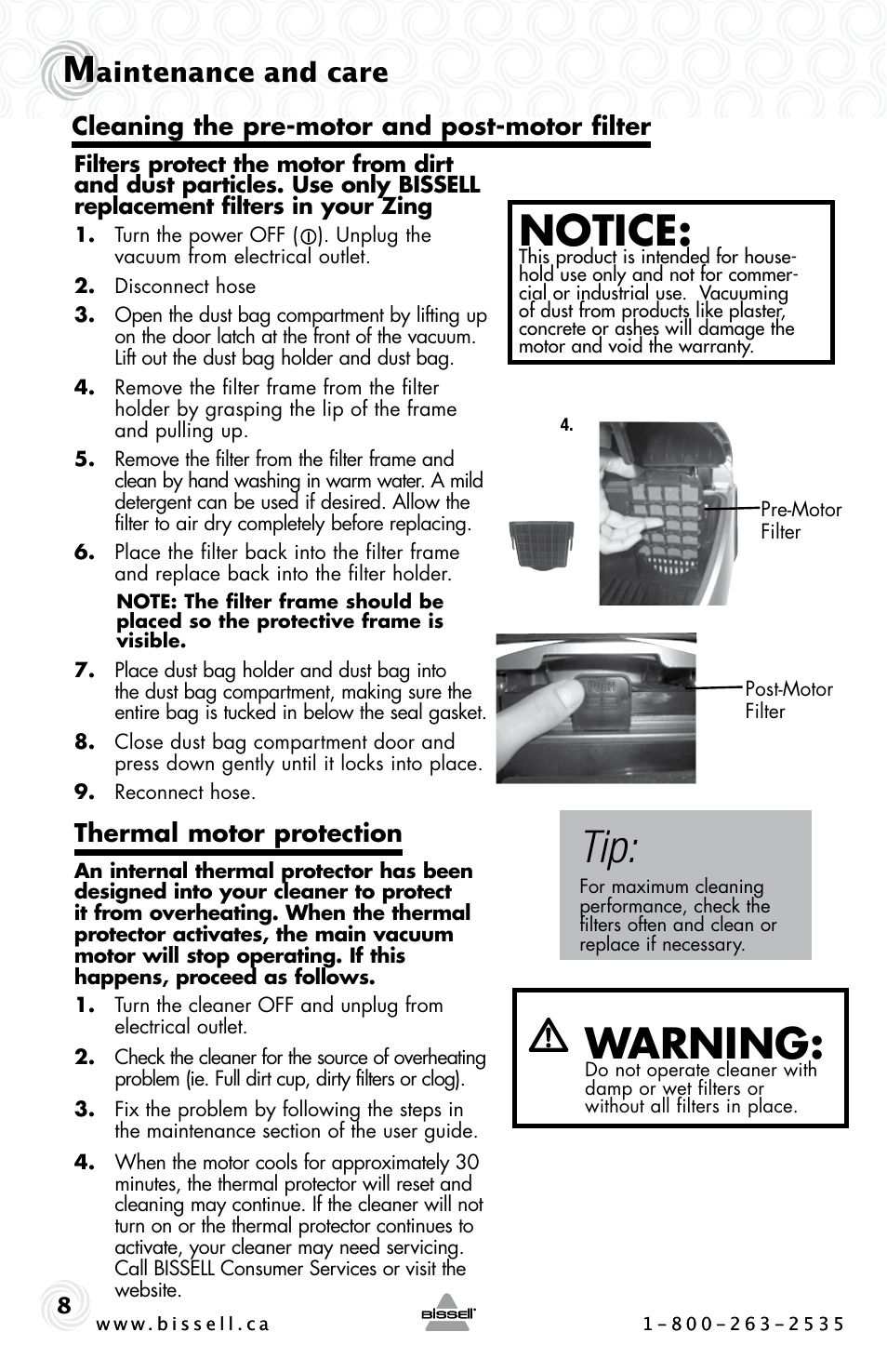 Notice, Warning, Aintenance and care | Bissell ZING 22Q3 User Manual | Page 8 / 12
