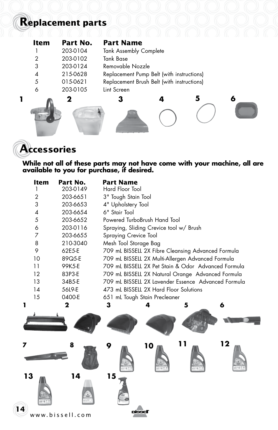 Eplacement parts, Ccessories | Bissell 37E3 SERIES User Manual | Page 14 / 16