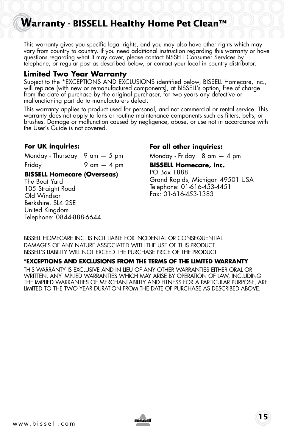 Arranty - bissell healthy home pet clean | Bissell 37E3 SERIES User Manual | Page 15 / 16