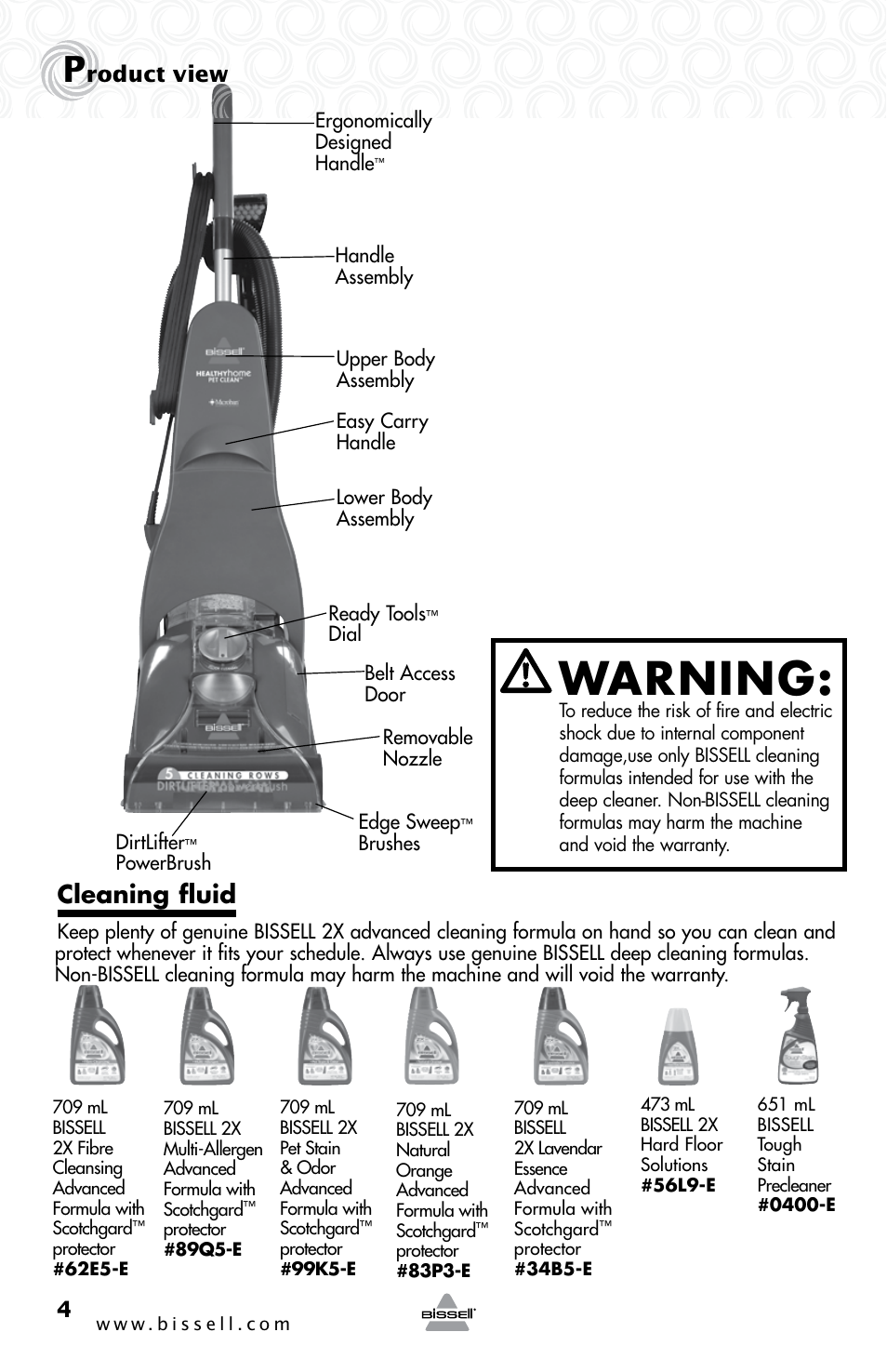 Warning, Cleaning fluid, Roduct view | Bissell 37E3 SERIES User Manual | Page 4 / 16