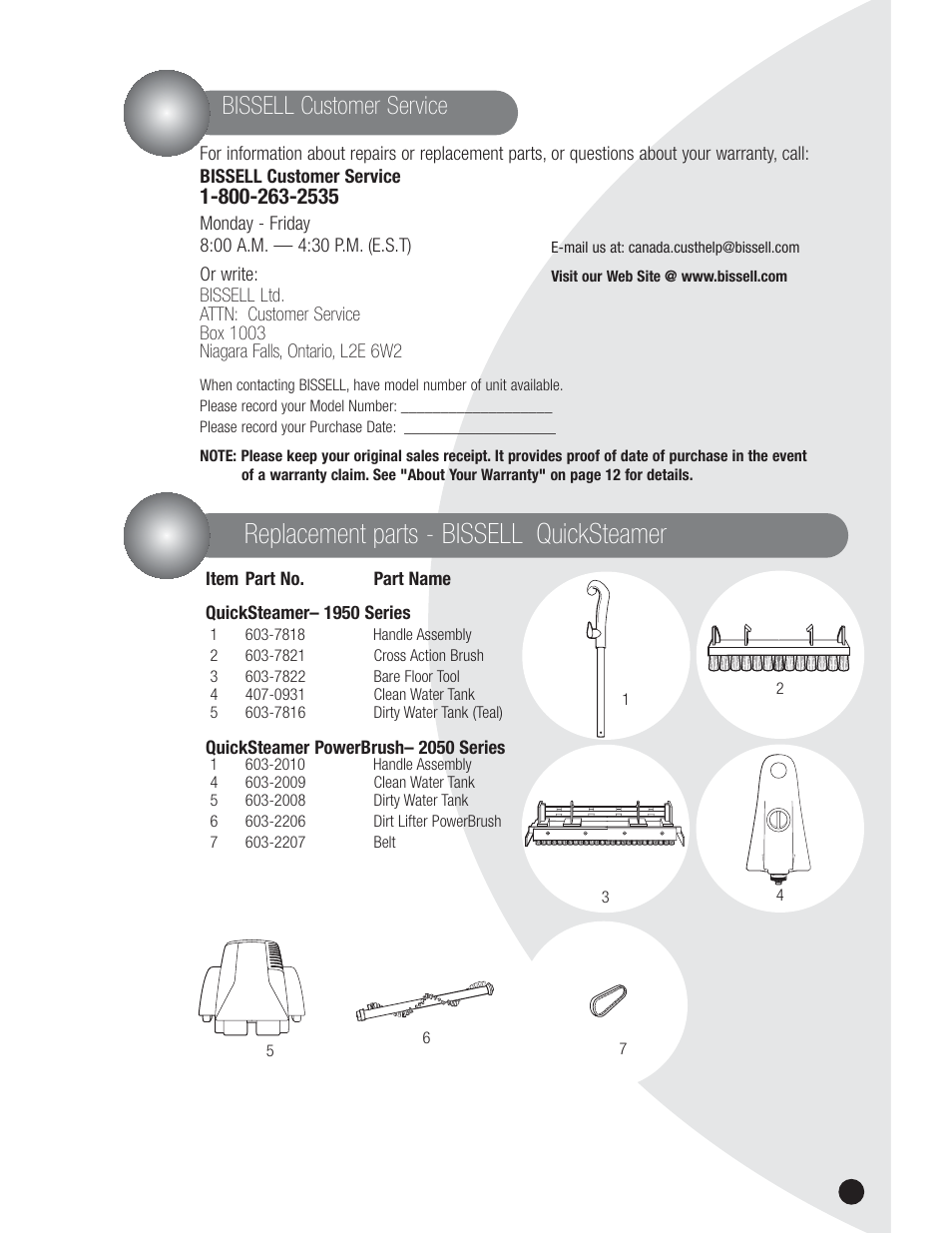 Replacement parts - bissell quicksteamer, Bissell customer service | Bissell QuickSteamer 1950 series User Manual | Page 11 / 12