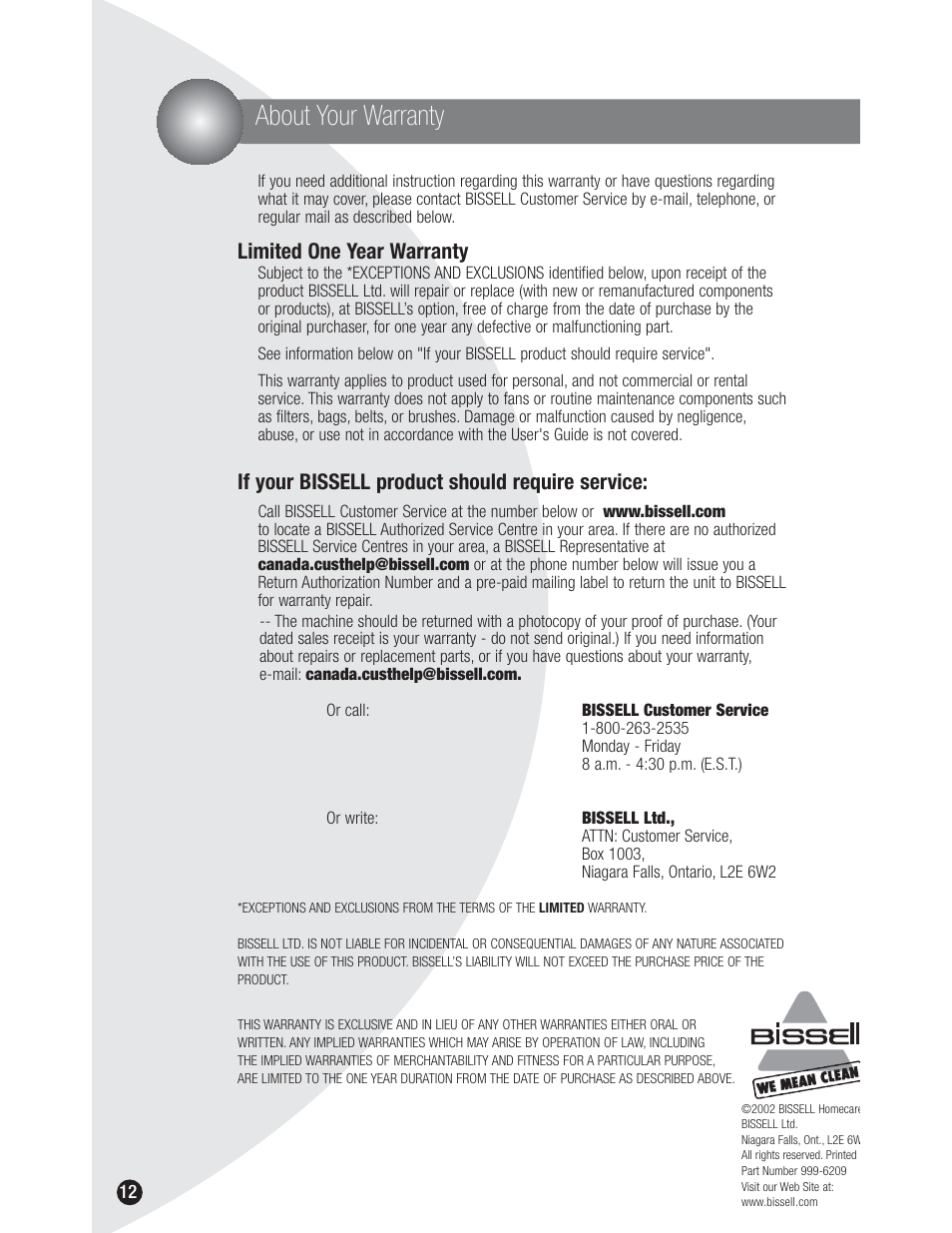 About your warranty, Limited one year warranty, If your bissell product should require service | Bissell QuickSteamer 1950 series User Manual | Page 12 / 12