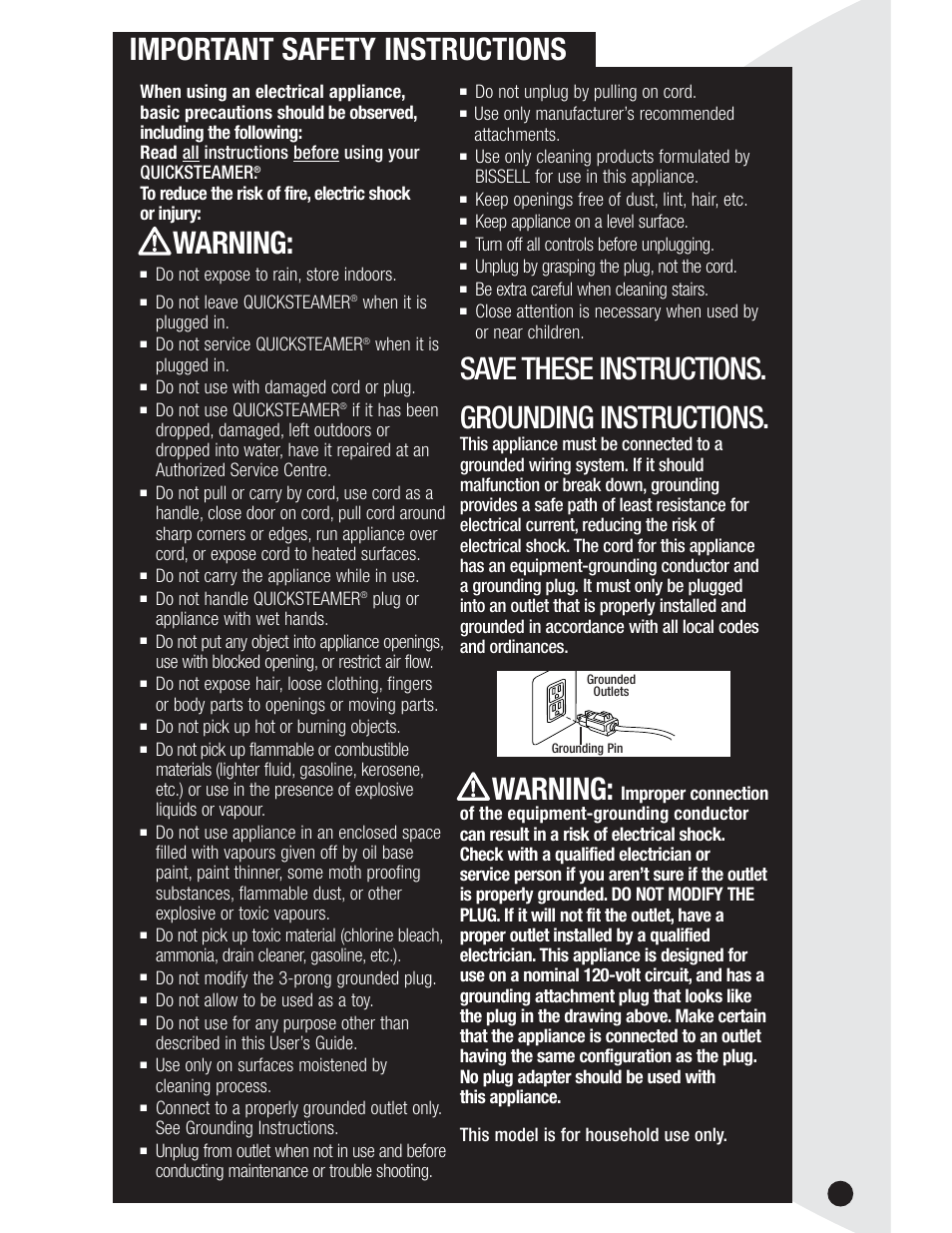 Important safety instructions, Save these instructions. grounding instructions, Warning | Bissell QuickSteamer 1950 series User Manual | Page 3 / 12