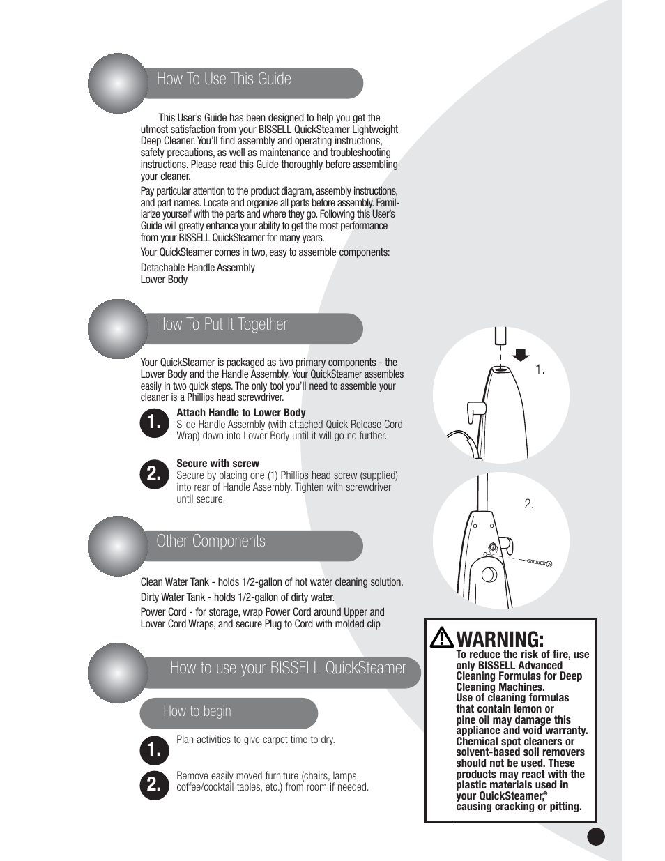 Warning, How to use this guide how to put it together, Other components | How to use your bissell quicksteamer | Bissell QuickSteamer 1950 series User Manual | Page 5 / 12