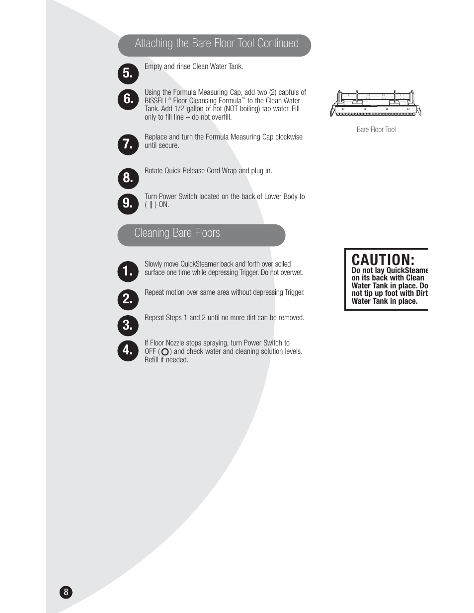 Caution, Cleaning bare floors, Attaching the bare floor tool continued | Bissell QuickSteamer 1950 series User Manual | Page 8 / 12
