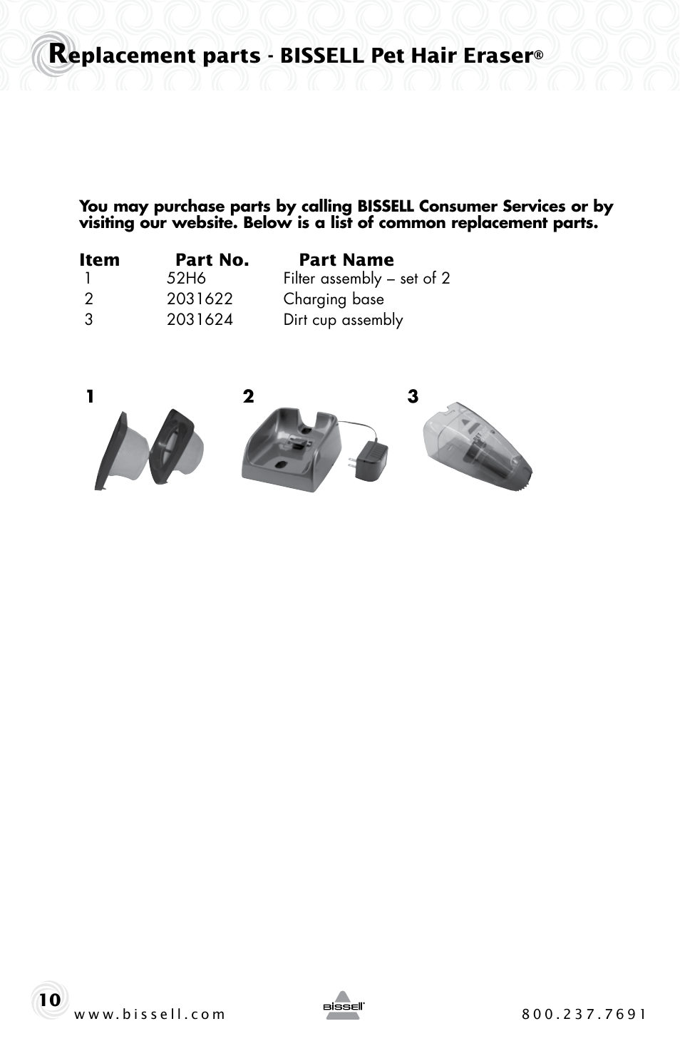 Eplacement parts - bissell pet hair eraser | Bissell 94V5 User Manual | Page 10 / 12