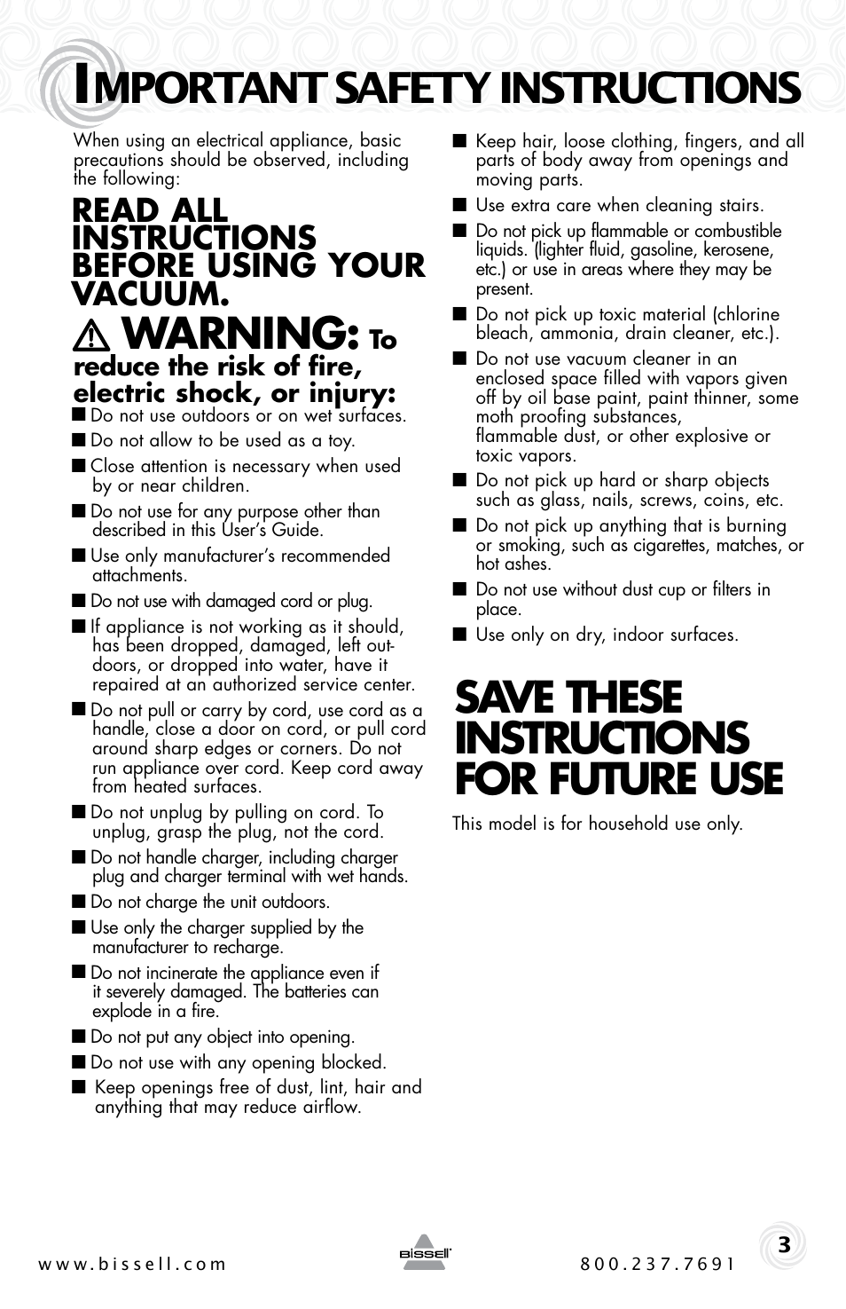 Mportant safety instructions, Warning, Save these instructions for future use | Read all instructions before using your vacuum | Bissell 94V5 User Manual | Page 3 / 12