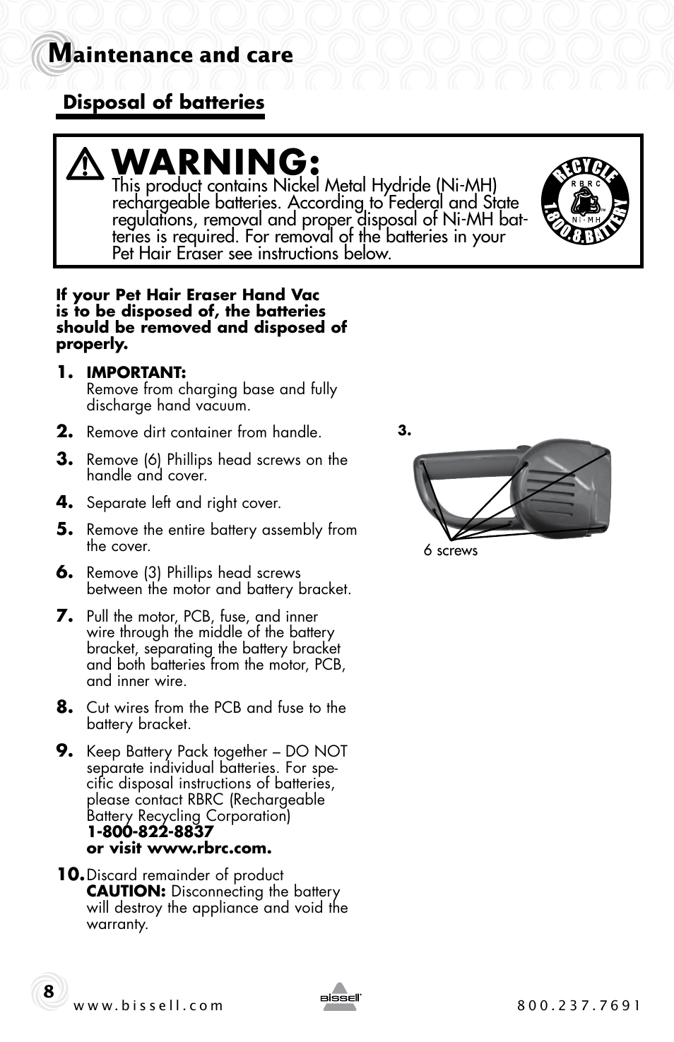 Warning, Aintenance and care, Disposal of batteries | Bissell 94V5 User Manual | Page 8 / 12