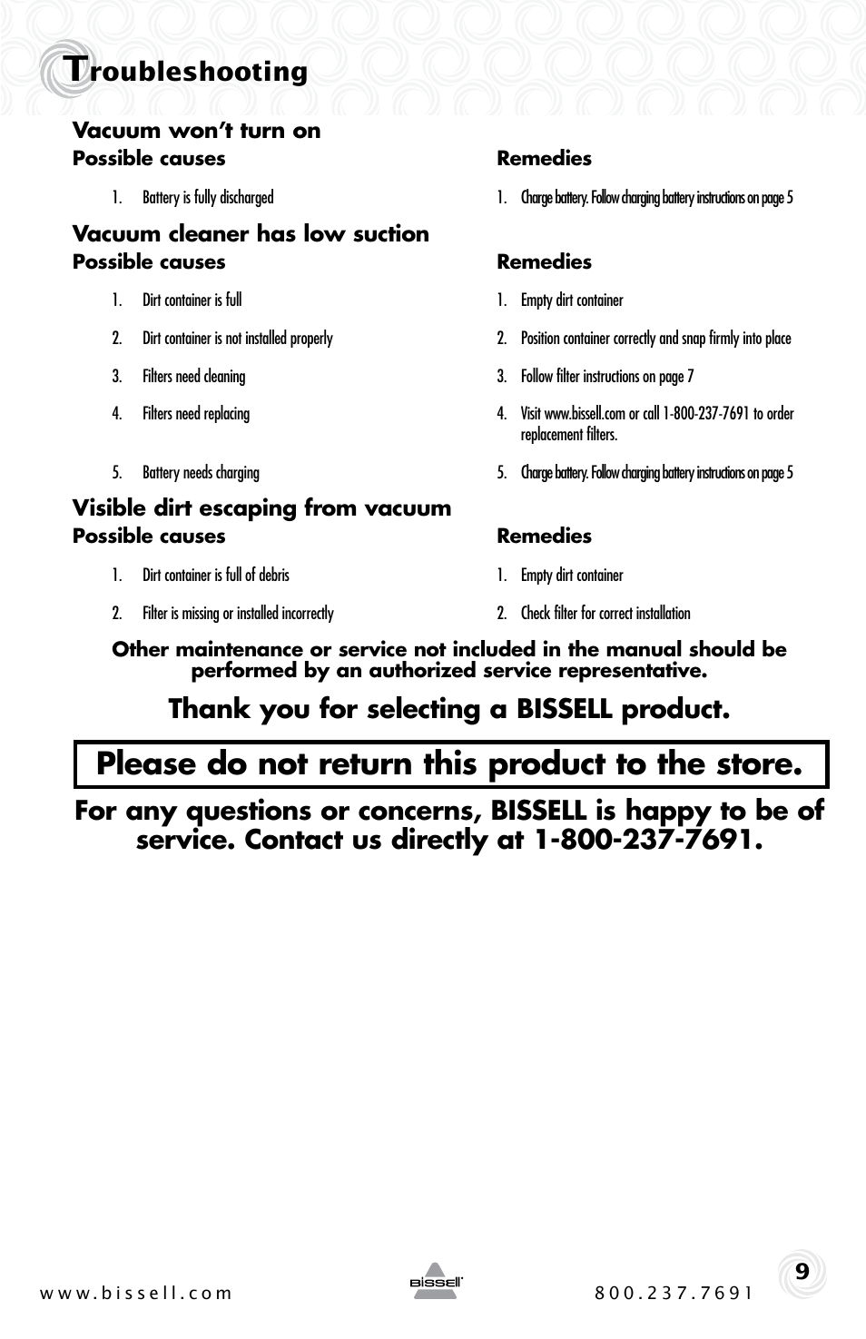 Please do not return this product to the store, Roubleshooting | Bissell 94V5 User Manual | Page 9 / 12