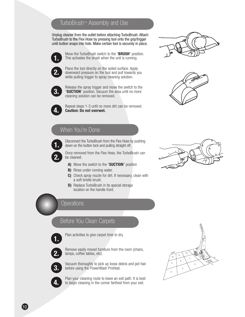 Turbobrush, Assembly and use when you’re done, Operations before you clean carpets | Bissell 1698 User Manual | Page 10 / 20