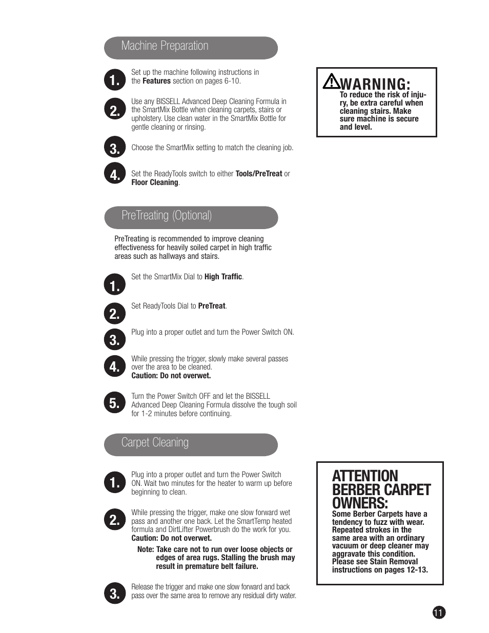 Warning, Attention berber carpet owners | Bissell 1698 User Manual | Page 11 / 20