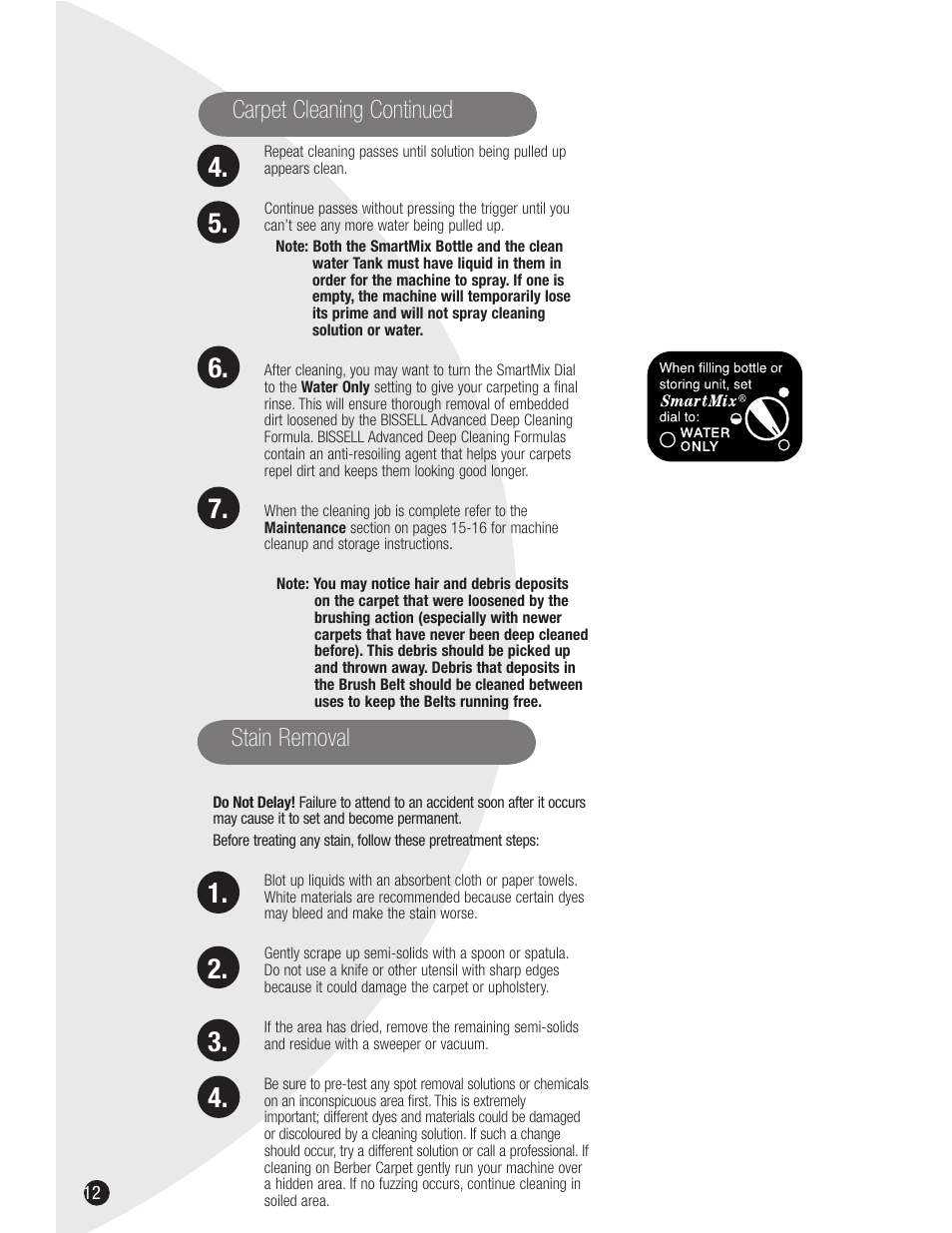Stain removal, Carpet cleaning continued | Bissell 1698 User Manual | Page 12 / 20