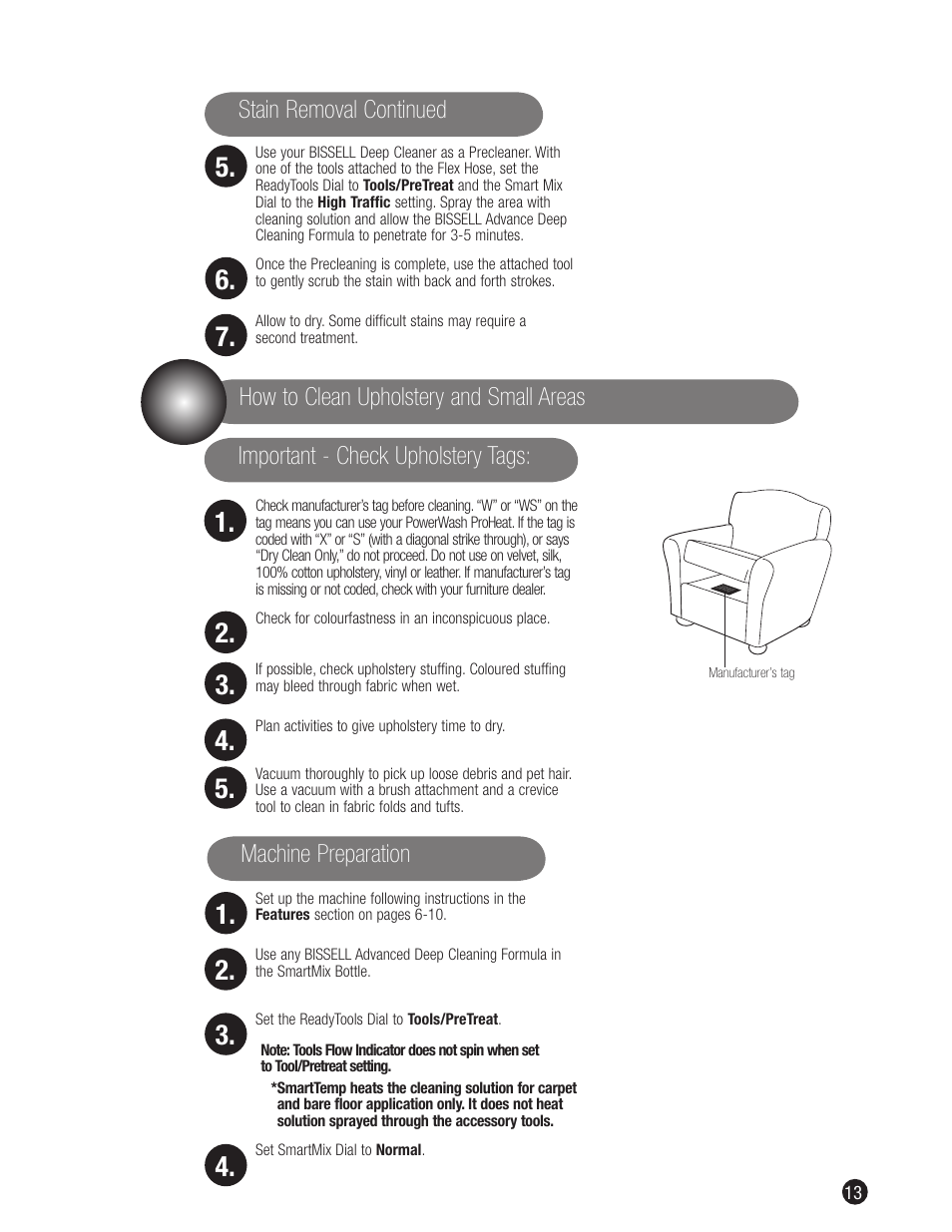 Important - check upholstery tags, Machine preparation | Bissell 1698 User Manual | Page 13 / 20