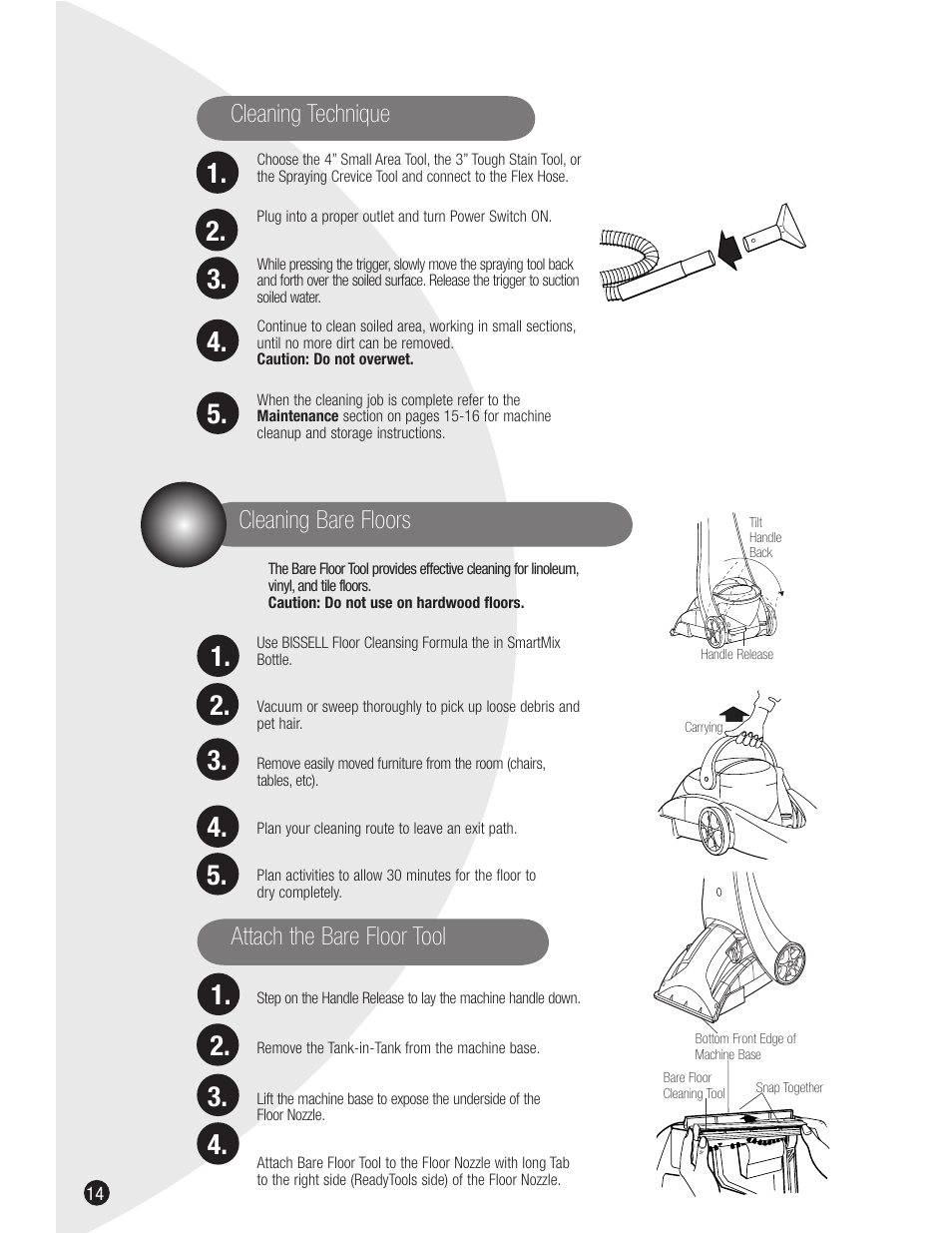 Cleaning technique, Cleaning bare floors attach the bare floor tool | Bissell 1698 User Manual | Page 14 / 20