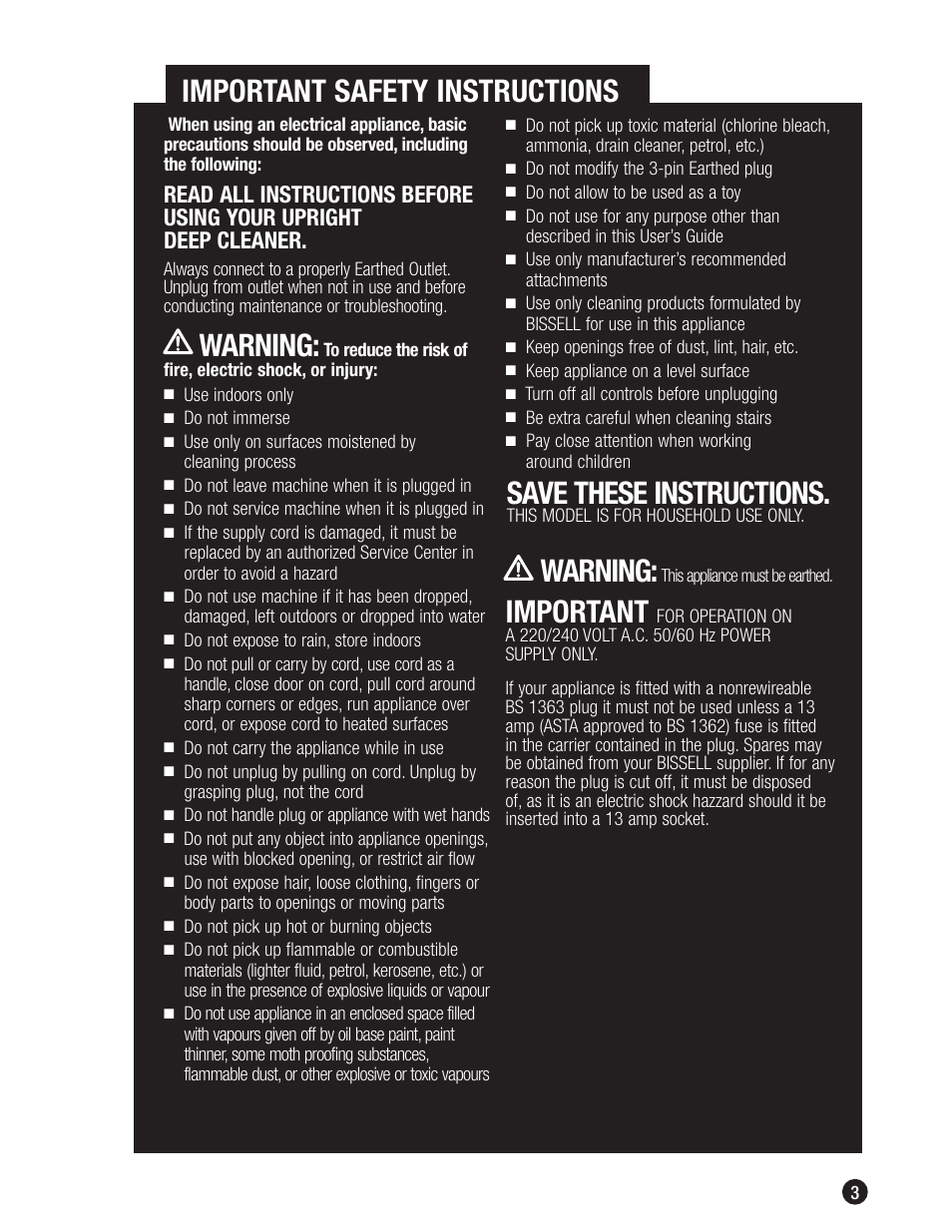 Important safety instructions, Save these instructions, Warning | Important | Bissell 1698 User Manual | Page 3 / 20