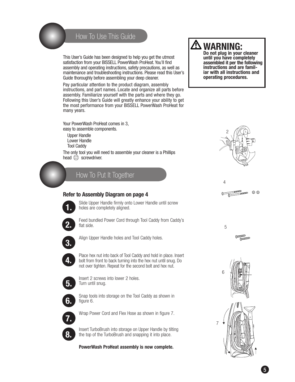 Warning, How to put it together how to use this guide | Bissell 1698 User Manual | Page 5 / 20