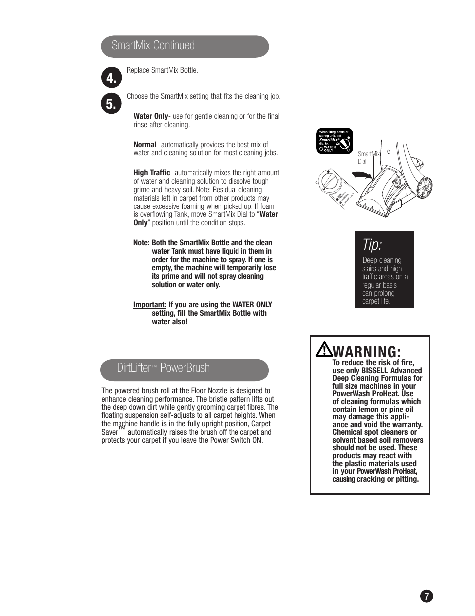 Warning, Smartmix continued, Dirtlifter | Powerbrush | Bissell 1698 User Manual | Page 7 / 20