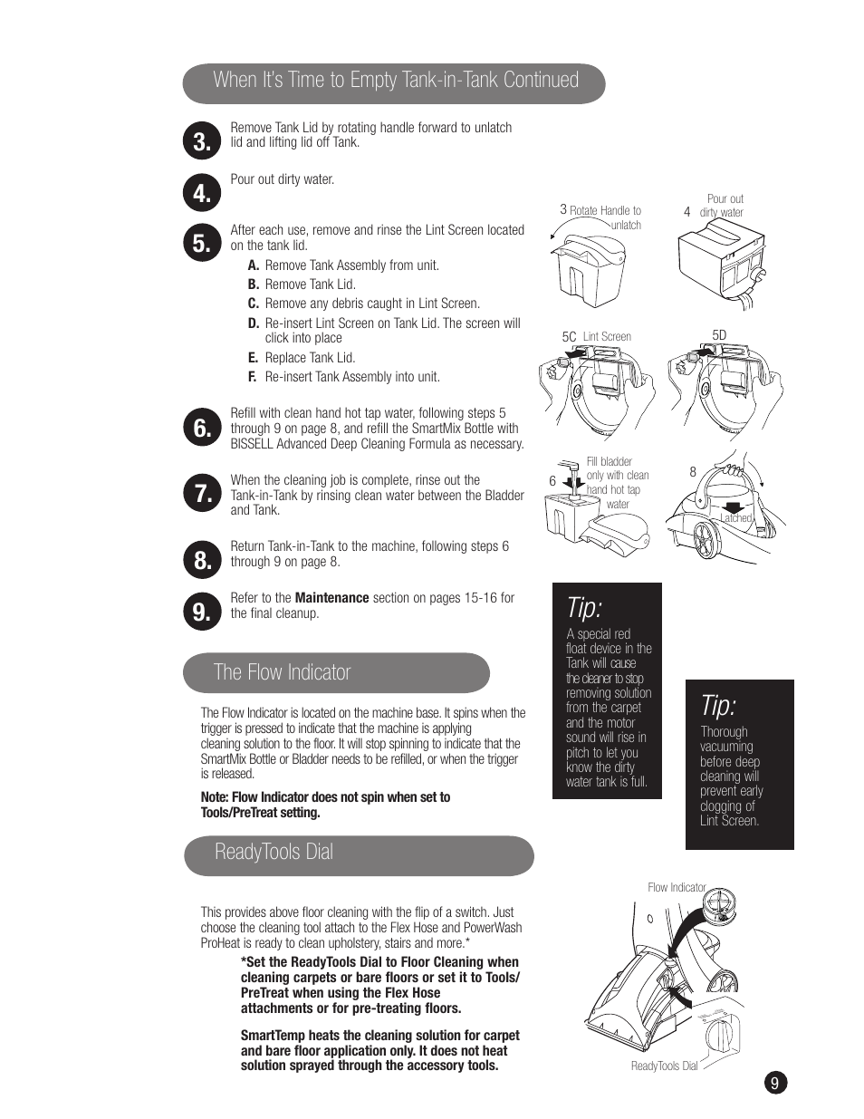 When it’s time to empty tank-in-tank continued, The flow indicator readytools dial | Bissell 1698 User Manual | Page 9 / 20