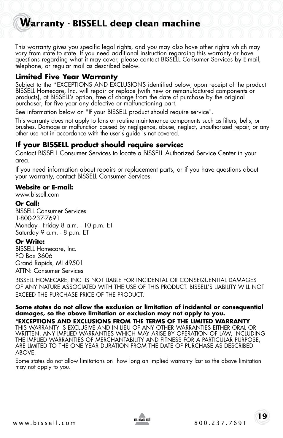 Arranty - bissell deep clean machine | Bissell BIGGREEN 40M1 User Manual | Page 19 / 20