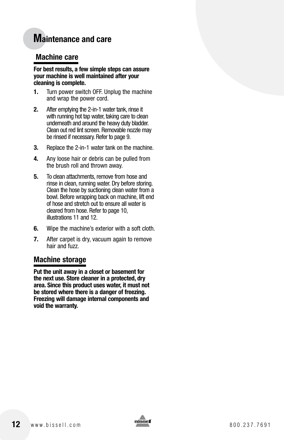 Aintenance and care, Machine care, Machine storage | Bissell 1623 User Manual | Page 12 / 16