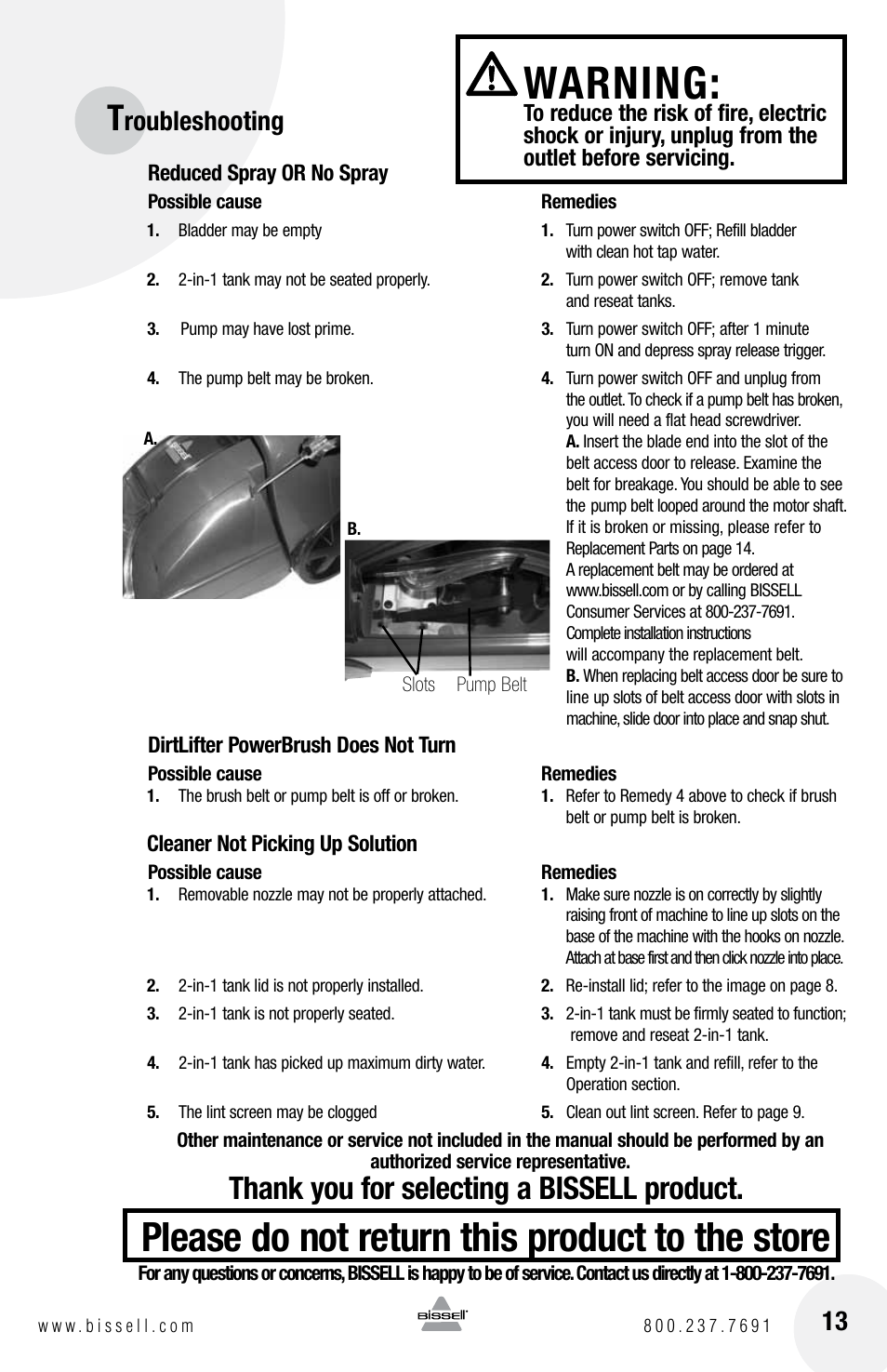 Warning, Please do not return this product to the store, Roubleshooting | Bissell 1623 User Manual | Page 13 / 16