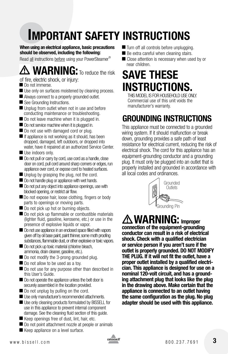 Mportant safety instructions, Warning, Save these instructions | Grounding instructions | Bissell 1623 User Manual | Page 3 / 16