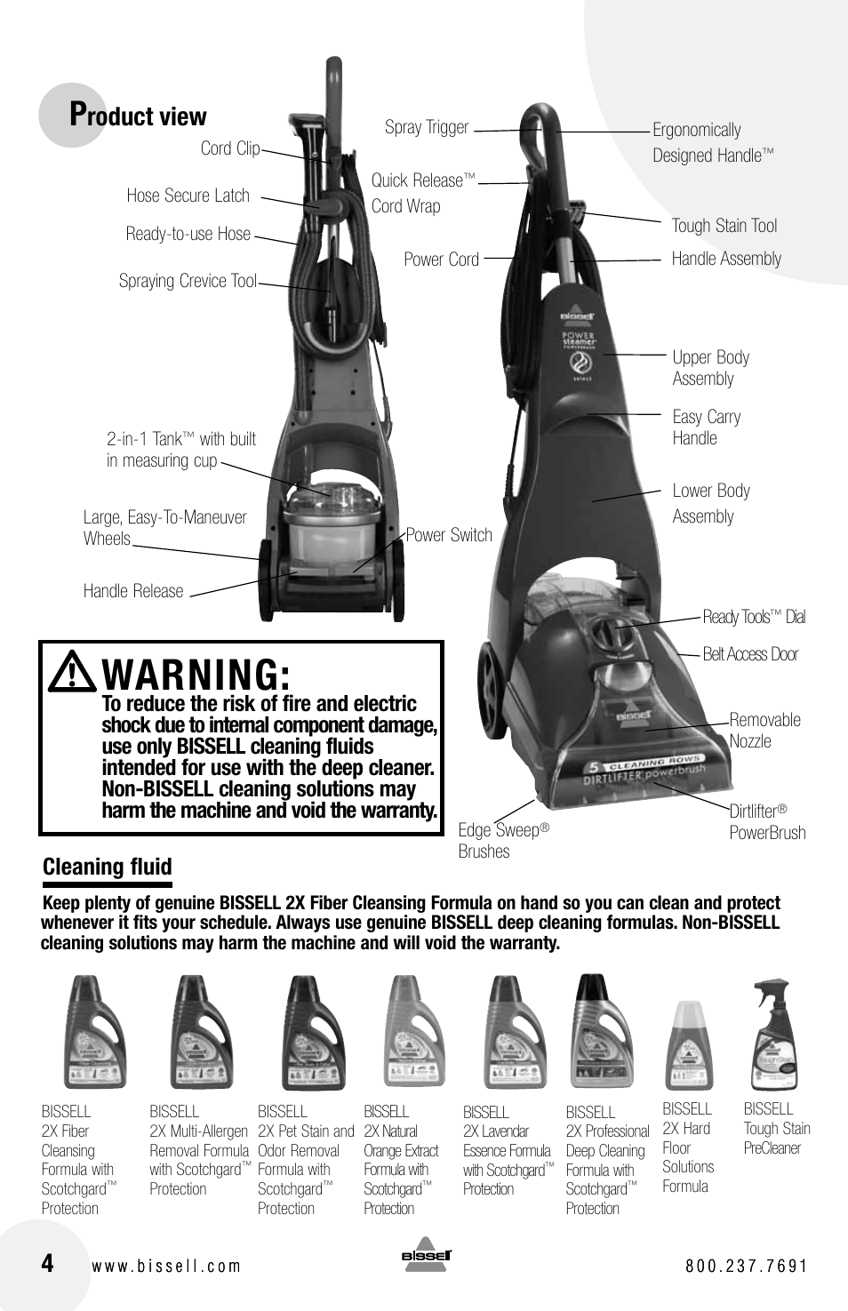 Warning, Roduct view, Cleaning fluid | Bissell 1623 User Manual | Page 4 / 16