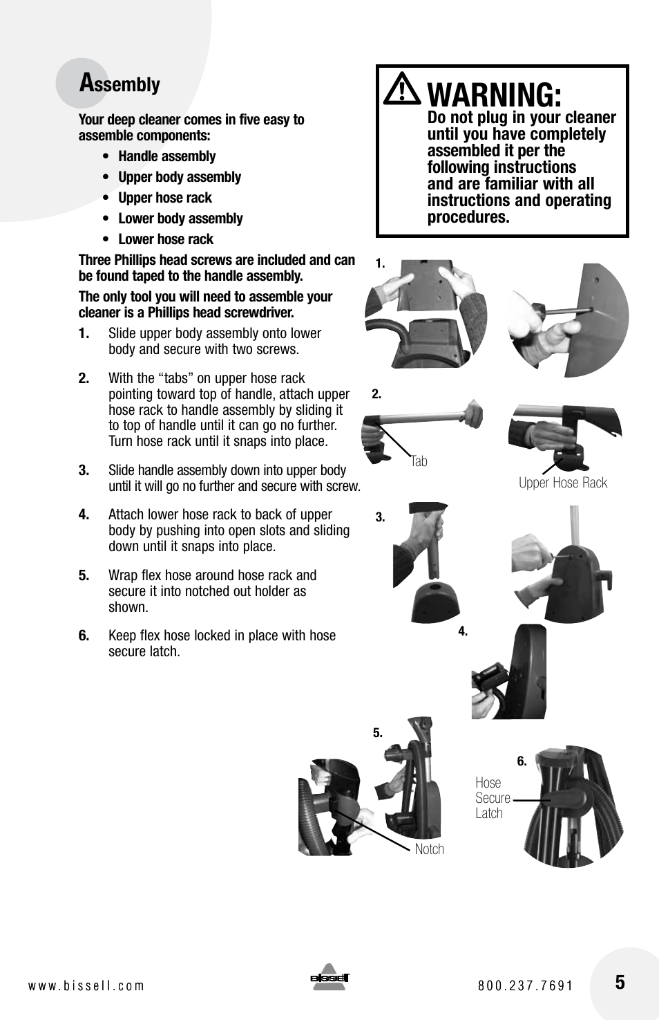 Warning, Ssembly | Bissell 1623 User Manual | Page 5 / 16