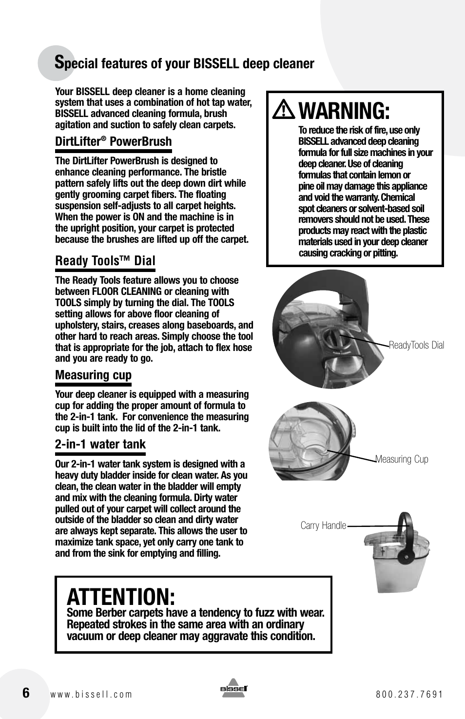 Attention, Warning, Pecial features of your bissell deep cleaner 6 | Bissell 1623 User Manual | Page 6 / 16