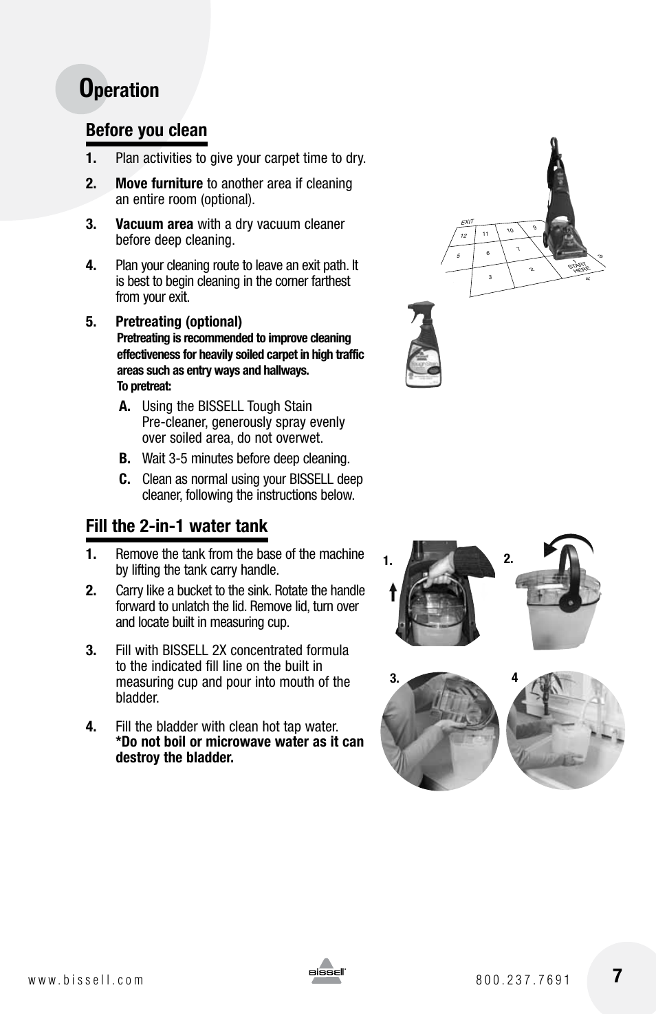 Peration, Before you clean, Fill the 2-in-1 water tank | Bissell 1623 User Manual | Page 7 / 16