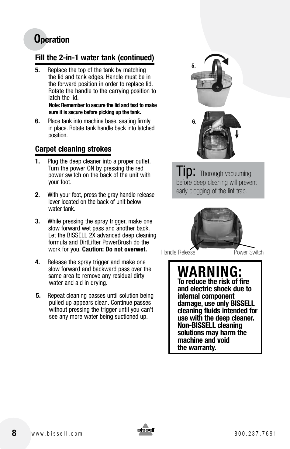 Warning, Peration | Bissell 1623 User Manual | Page 8 / 16