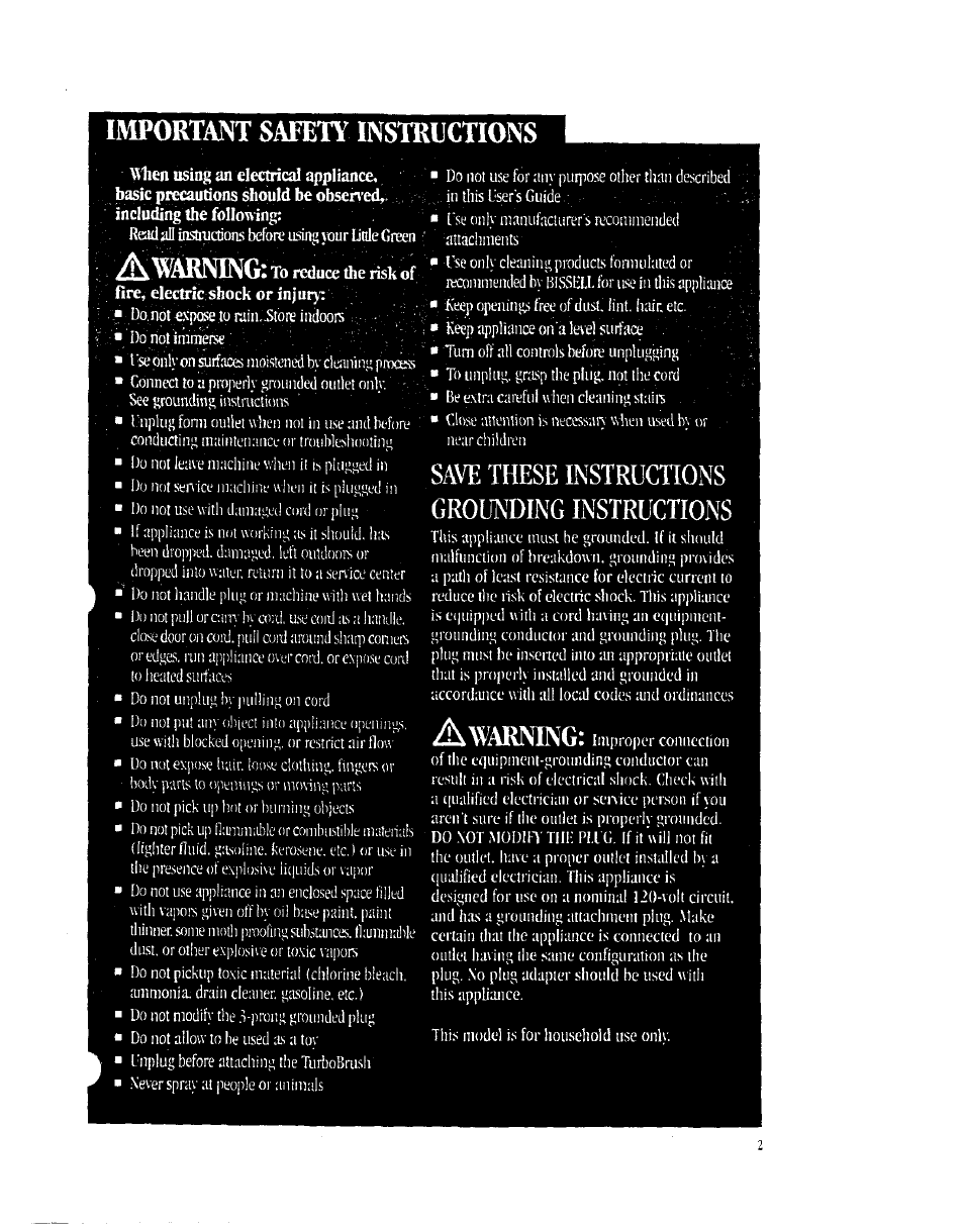 Important safety instructions, Wlien using an eléctrica] appliance, Save these instructions grounding instructions | Arning | Bissell 1725 User Manual | Page 2 / 10