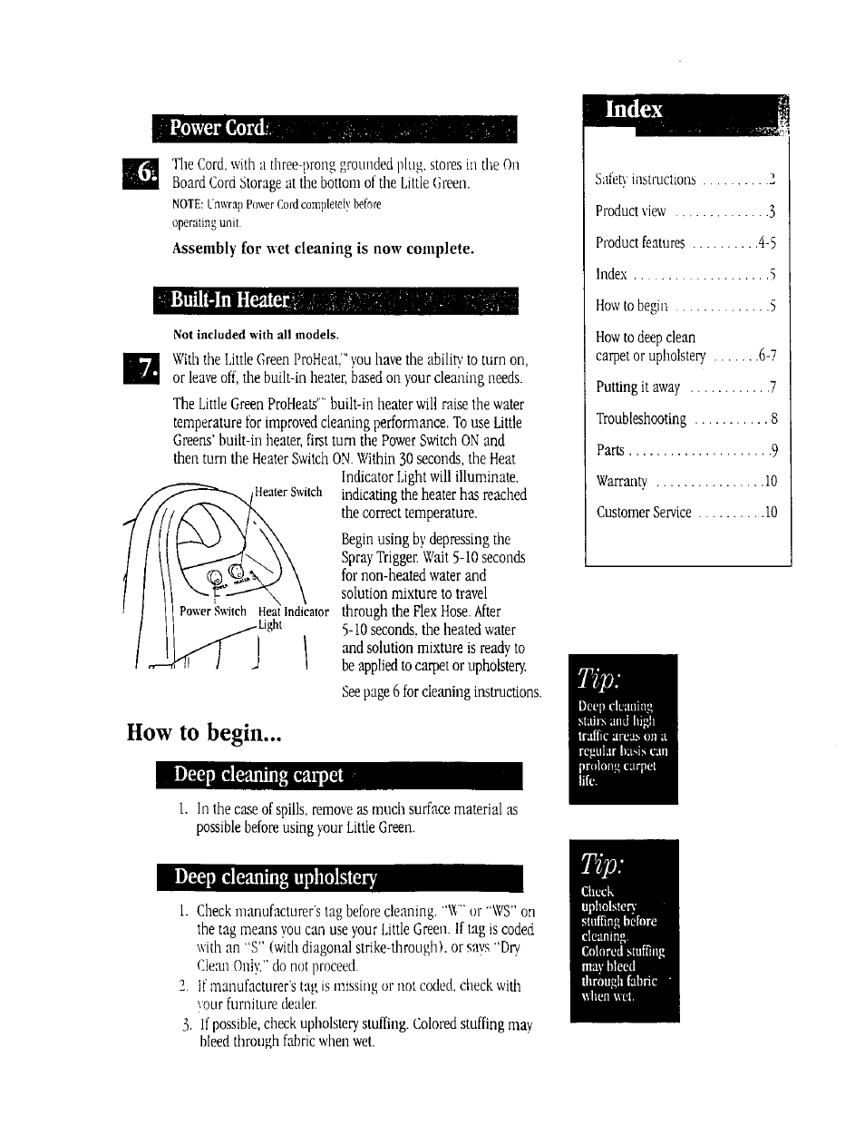 How to begin, Volir, Power cord | Built-in heater-i | Bissell 1725 User Manual | Page 5 / 10