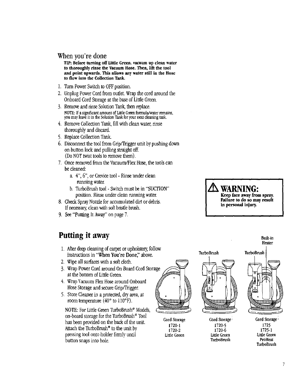 Putting it away, A warning, When you’re done | Bissell 1725 User Manual | Page 7 / 10