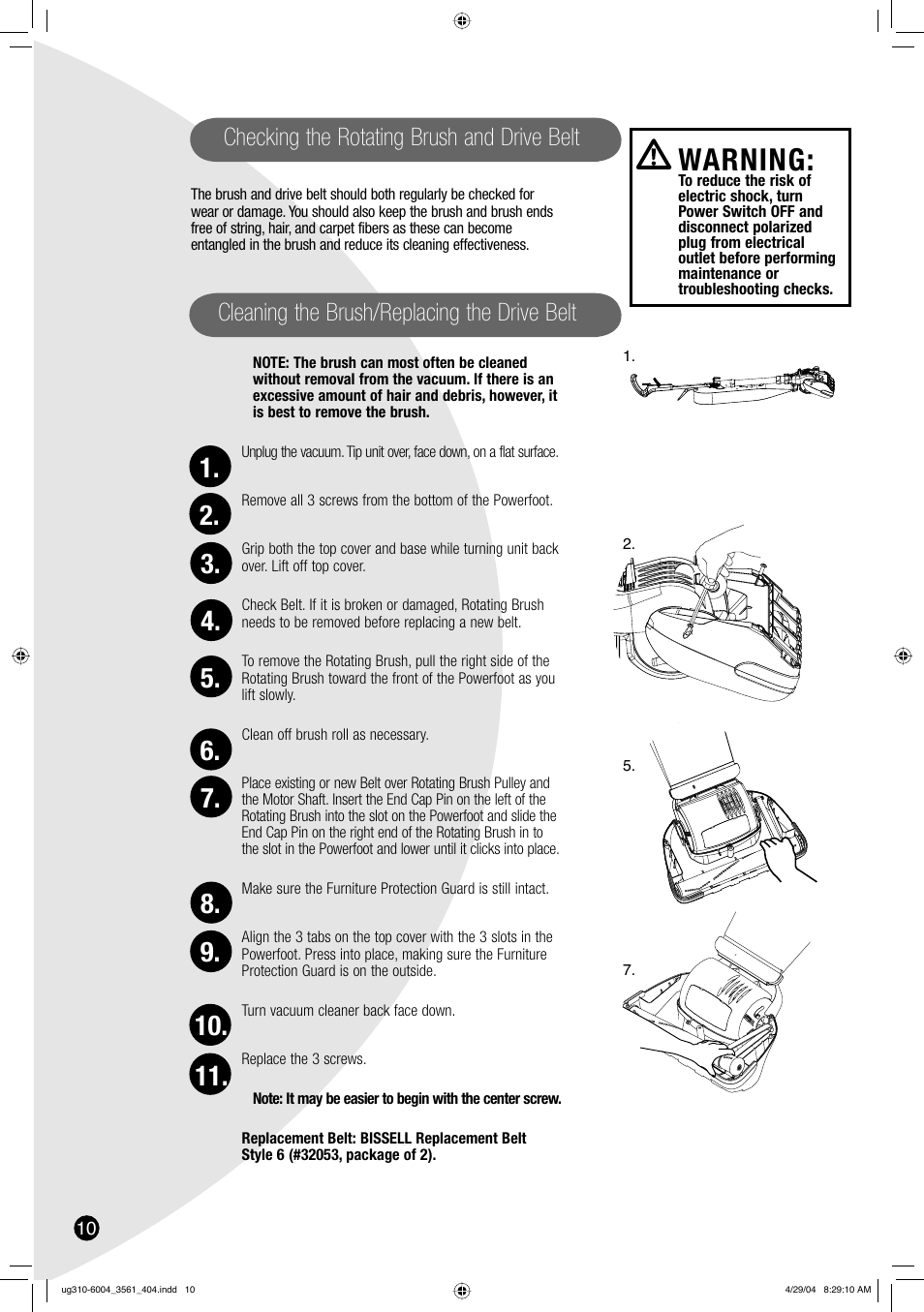 Warning, Checking the rotating brush and drive belt, Cleaning the brush/replacing the drive belt | Bissell 3561 User Manual | Page 10 / 12