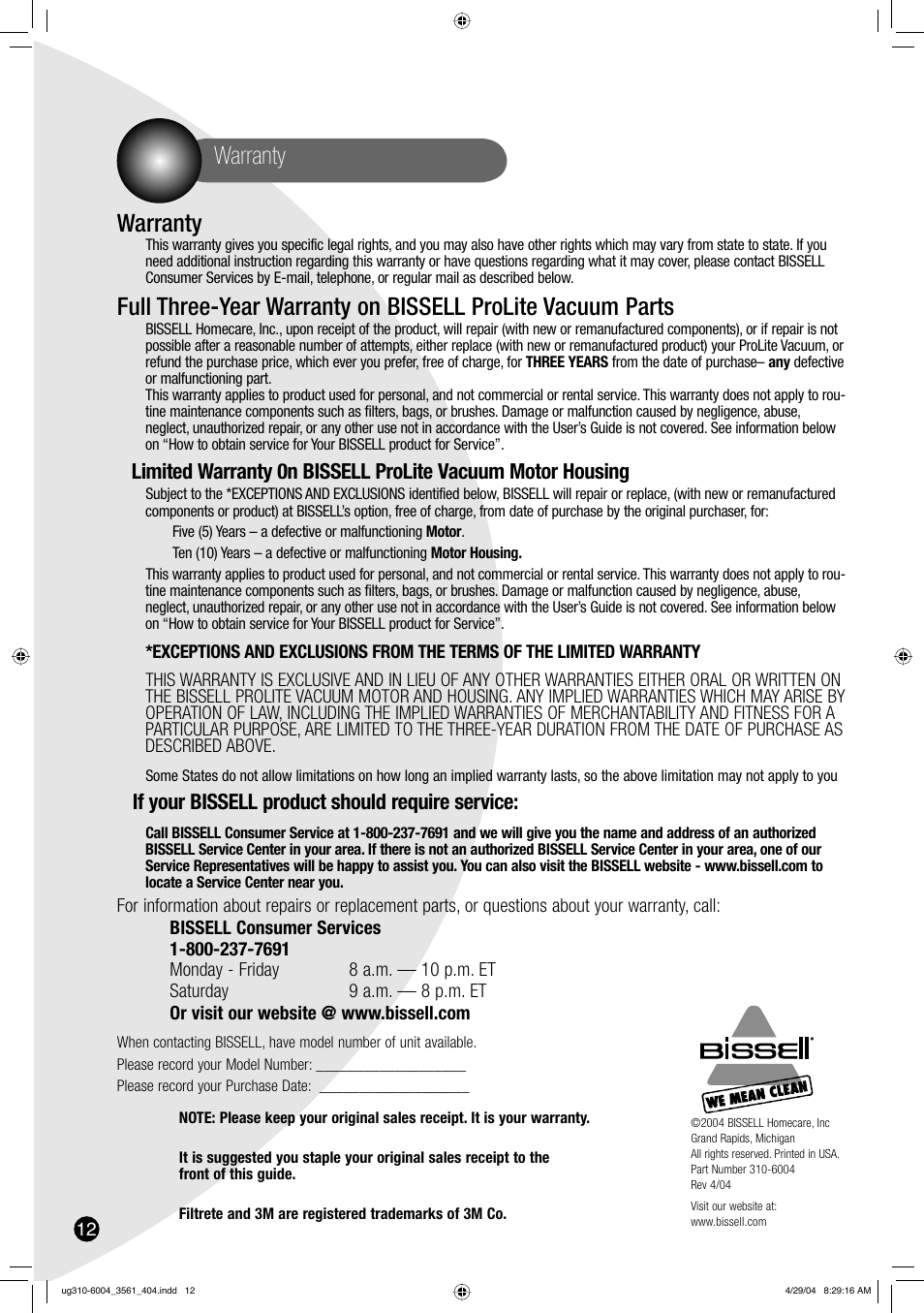 Warranty, If your bissell product should require service | Bissell 3561 User Manual | Page 12 / 12