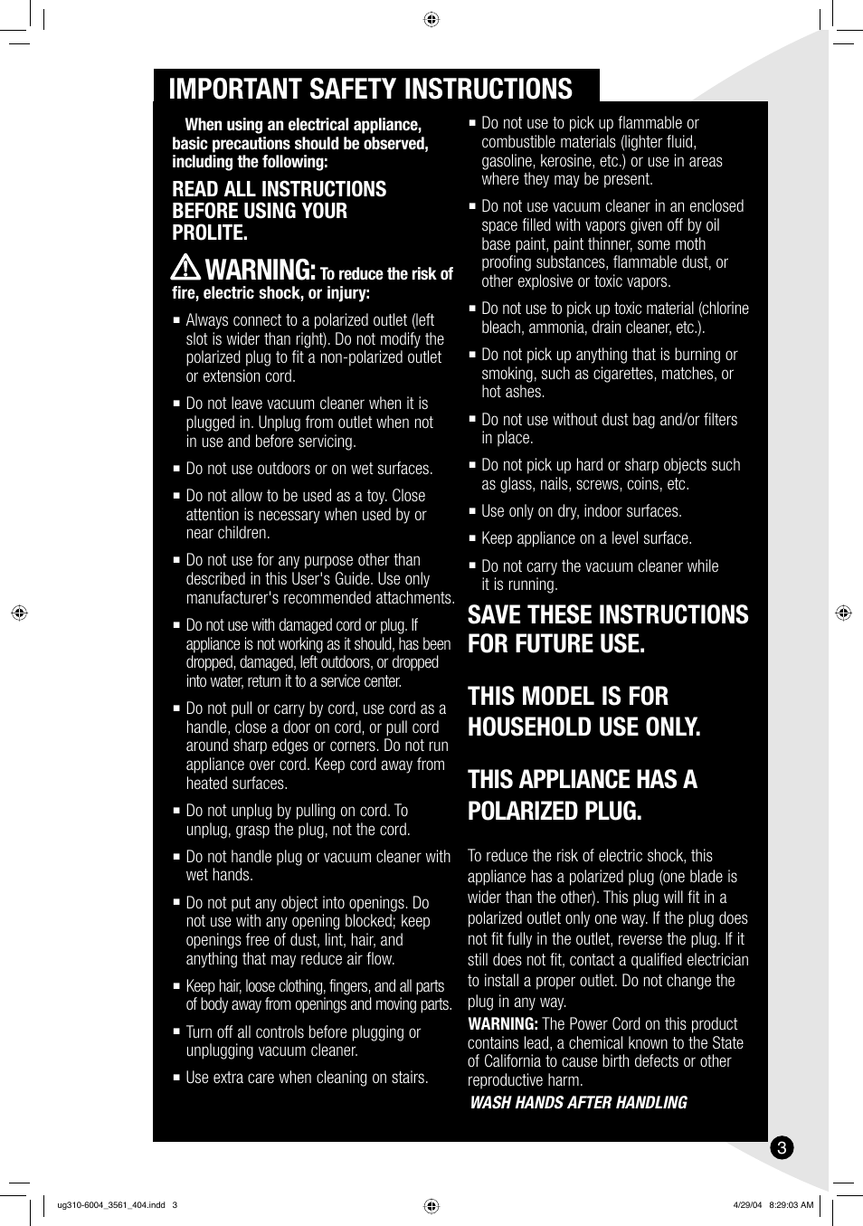 Important safety instructions, Warning, Read all instructions before using your prolite | Bissell 3561 User Manual | Page 3 / 12