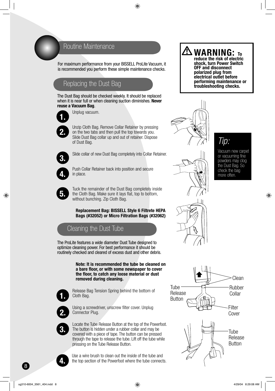 Warning, Replacing the dust bag, Routine maintenance | Cleaning the dust tube | Bissell 3561 User Manual | Page 8 / 12