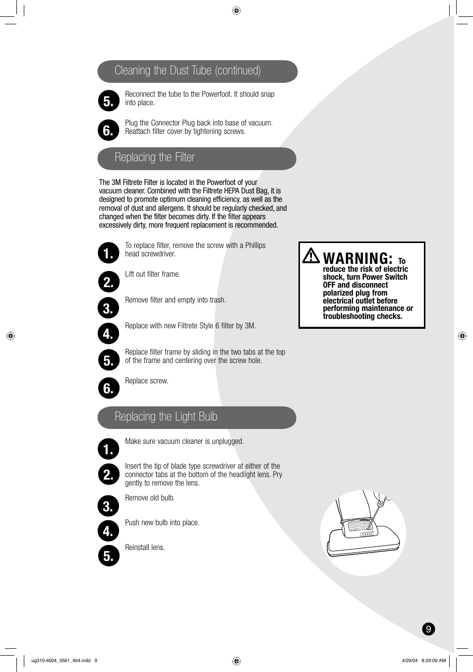 Warning, Cleaning the dust tube (continued), Replacing the filter | Replacing the light bulb | Bissell 3561 User Manual | Page 9 / 12