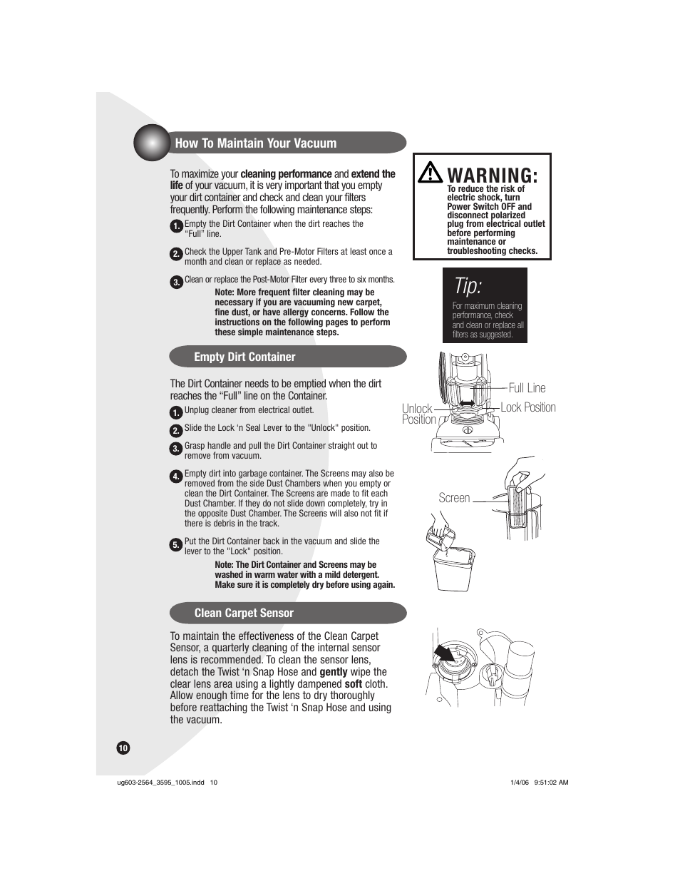 Warning, How to maintain your vacuum, Full line lock position unlock position | Screen | Bissell 6591 User Manual | Page 10 / 16