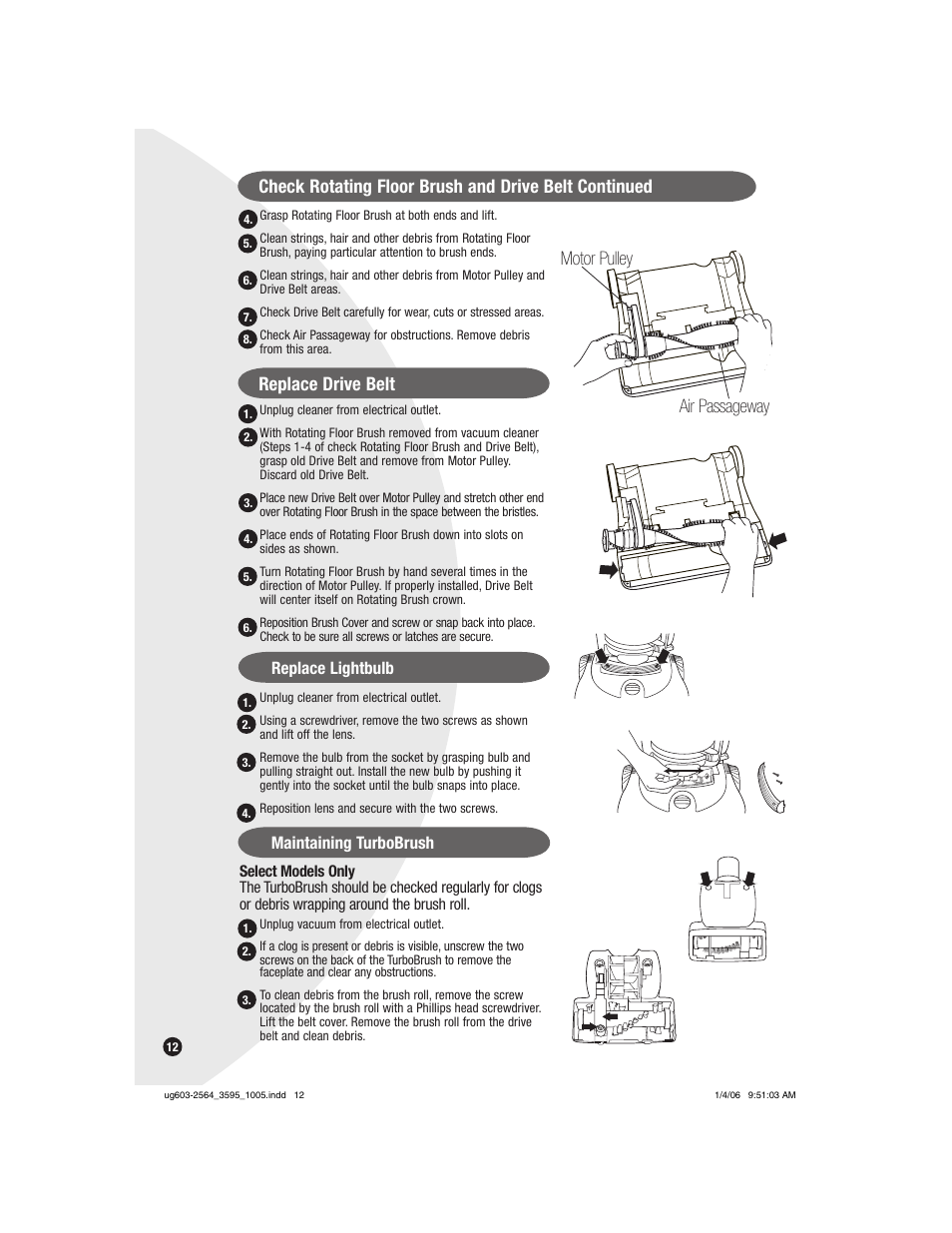 Air passageway motor pulley, Replace lightbulb, Maintaining turbobrush | Bissell 6591 User Manual | Page 12 / 16