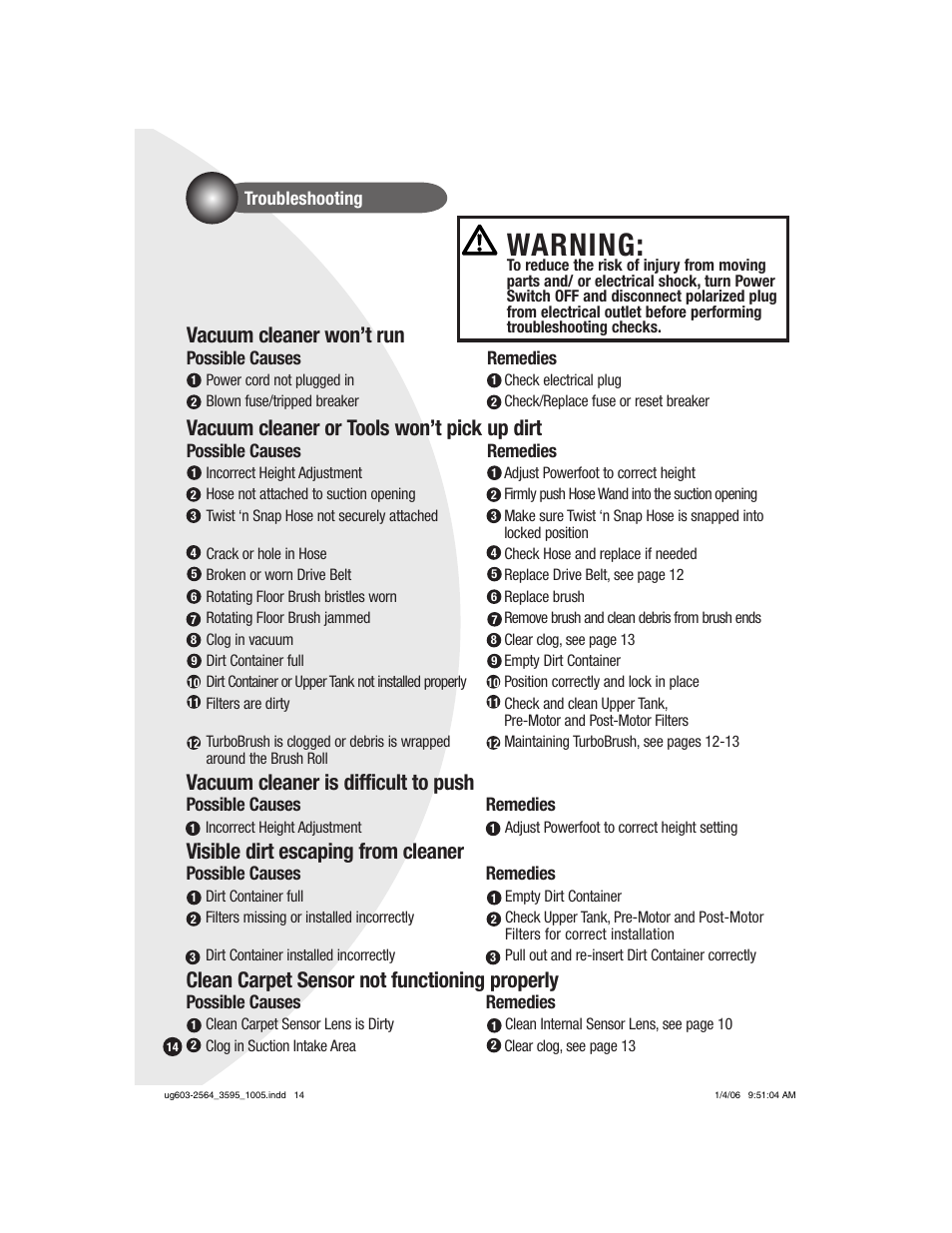 Warning, Vacuum cleaner won’t run, Vacuum cleaner or tools won’t pick up dirt | Vacuum cleaner is difficult to push, Visible dirt escaping from cleaner, Clean carpet sensor not functioning properly, Troubleshooting, Possible causes, Remedies, Possible causes remedies | Bissell 6591 User Manual | Page 14 / 16