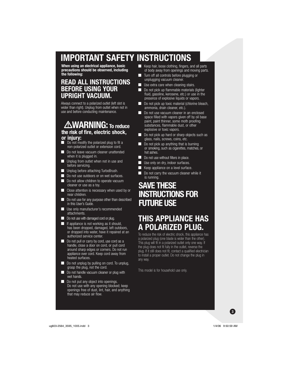Important safety instructions, Warning | Bissell 6591 User Manual | Page 3 / 16