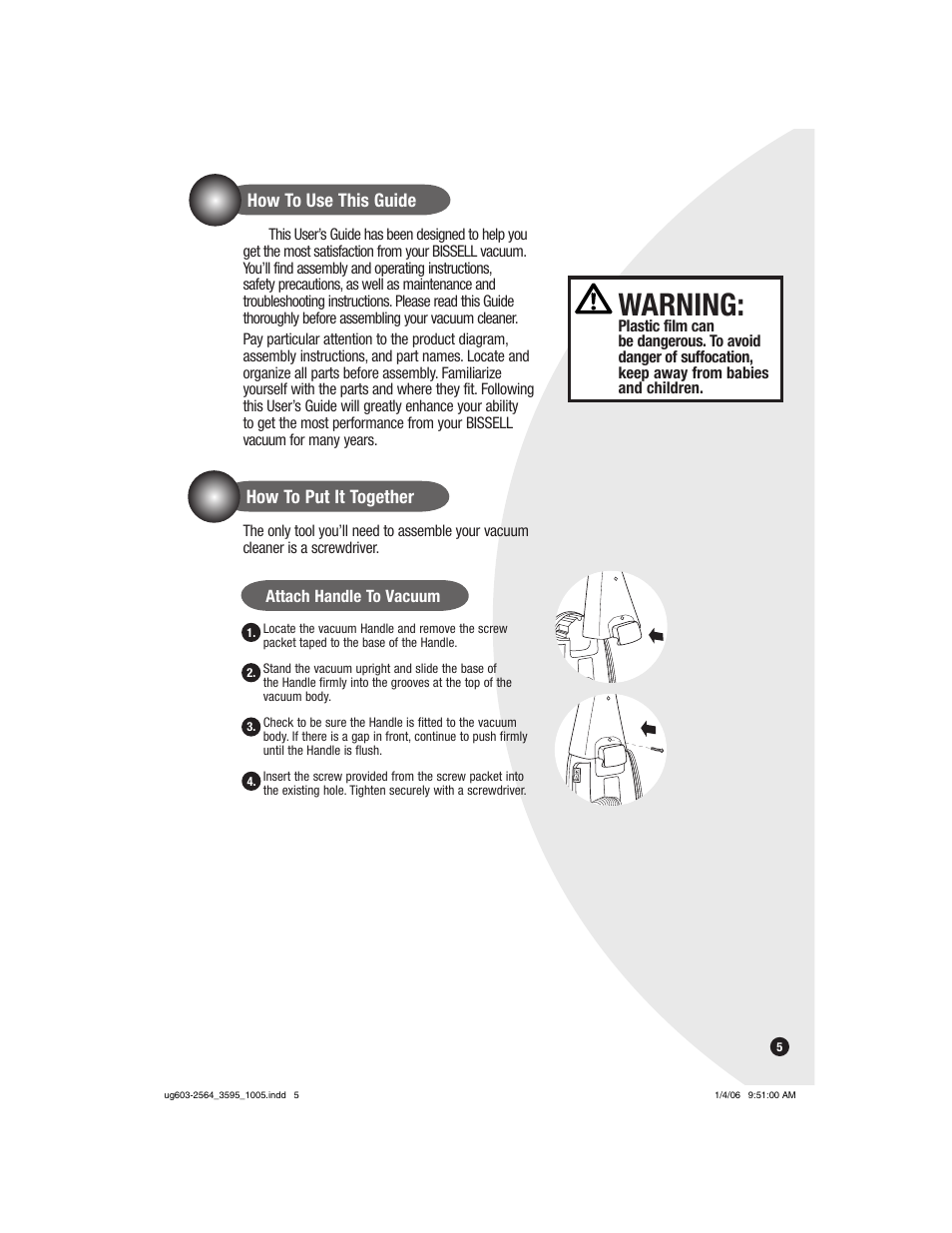 Warning, How to use this guide, How to put it together | Bissell 6591 User Manual | Page 5 / 16