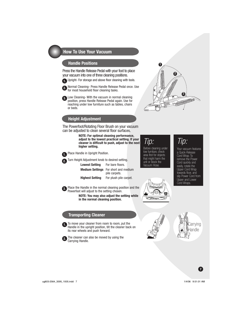 How to use your vacuum, Carrying handle | Bissell 6591 User Manual | Page 7 / 16