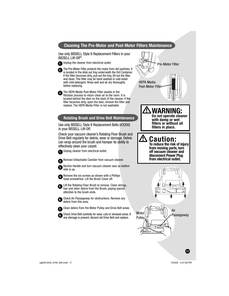 Warning, Caution | Bissell 6595 User Manual | Page 11 / 16