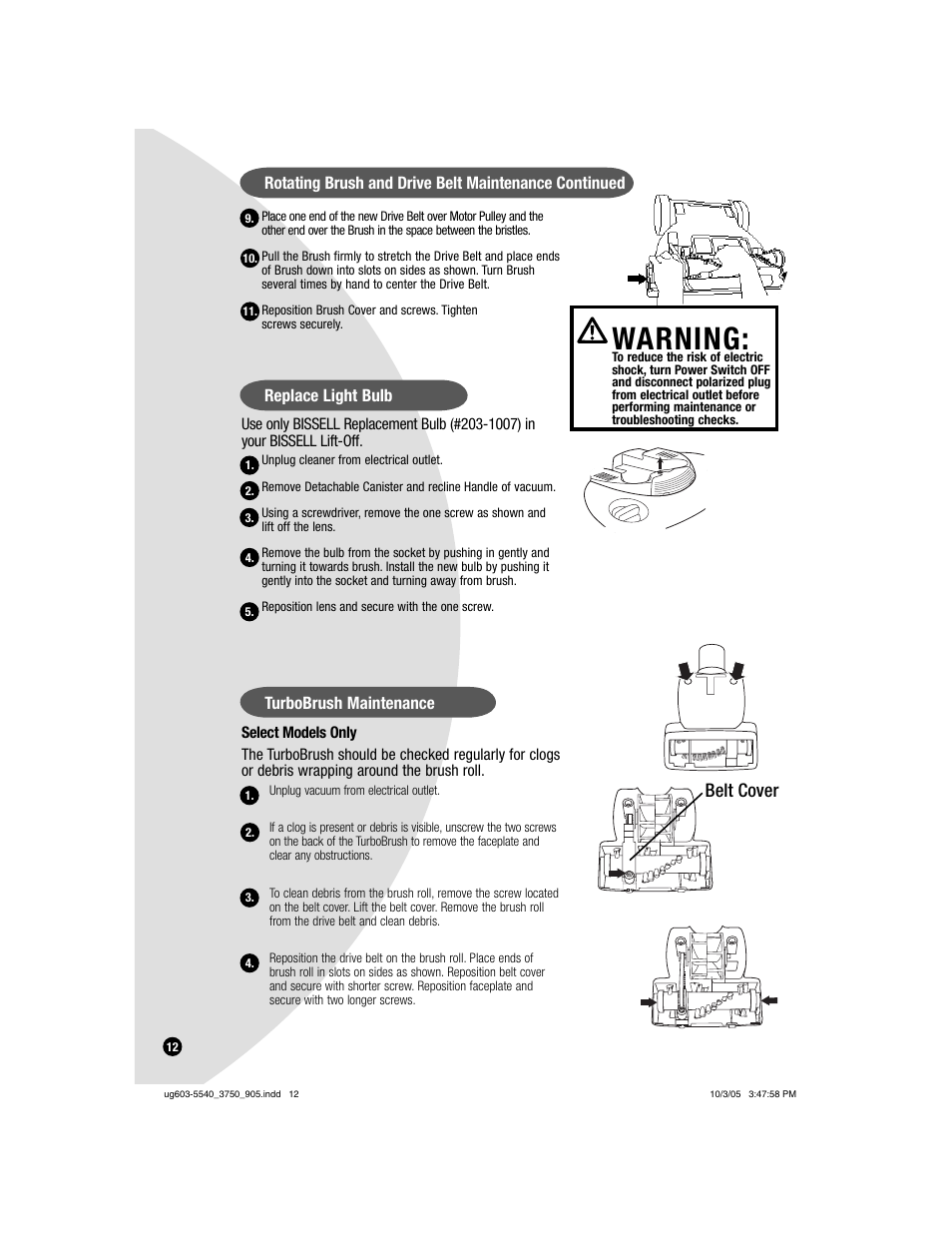 Warning, Belt cover, Replace light bulb | Turbobrush maintenance | Bissell 6595 User Manual | Page 12 / 16